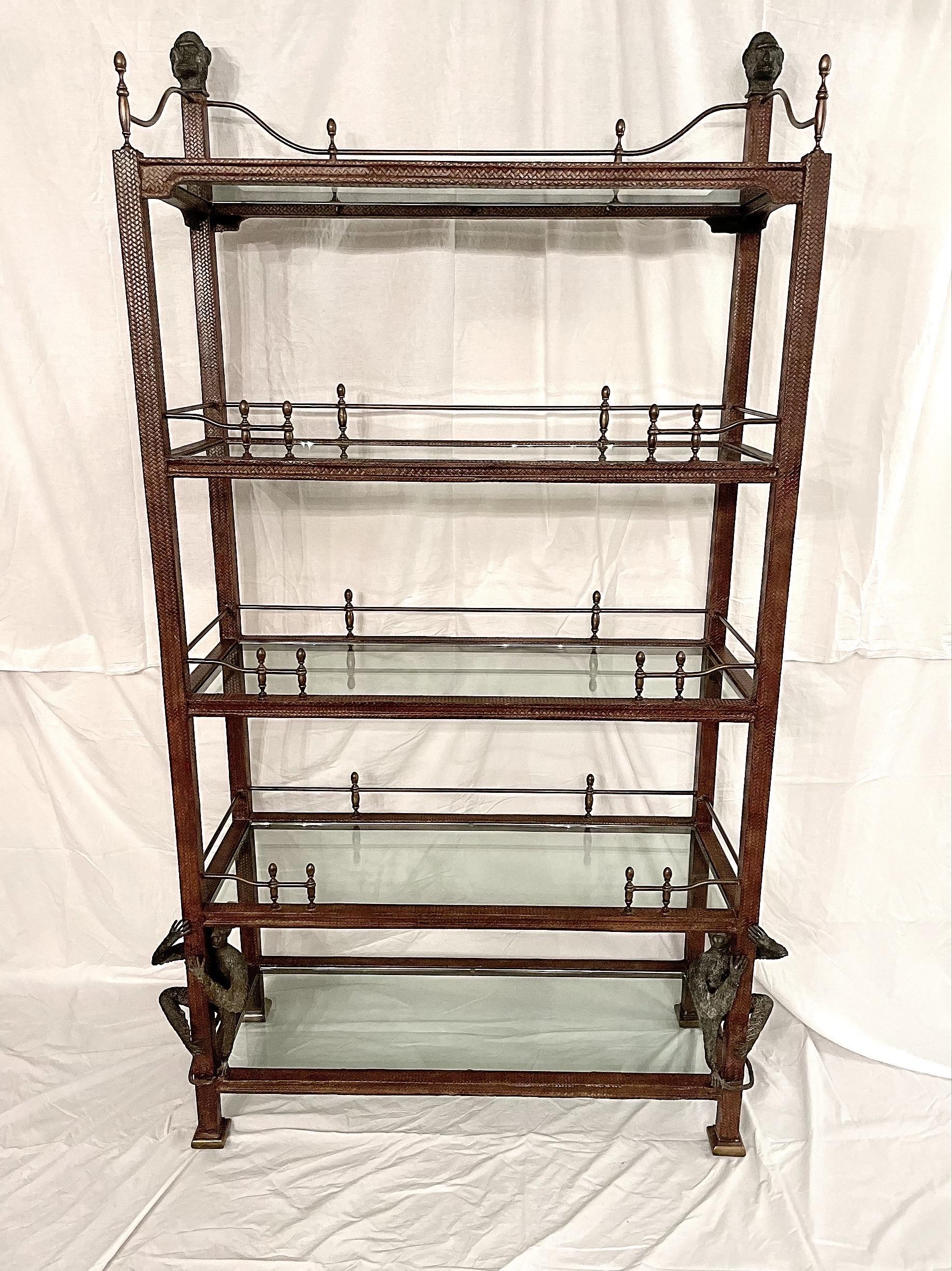 Maitland - Smith Regency Bookcase 5 Shelf Etagere Leather With Brass Rails Finia In Good Condition For Sale In Cookeville, TN