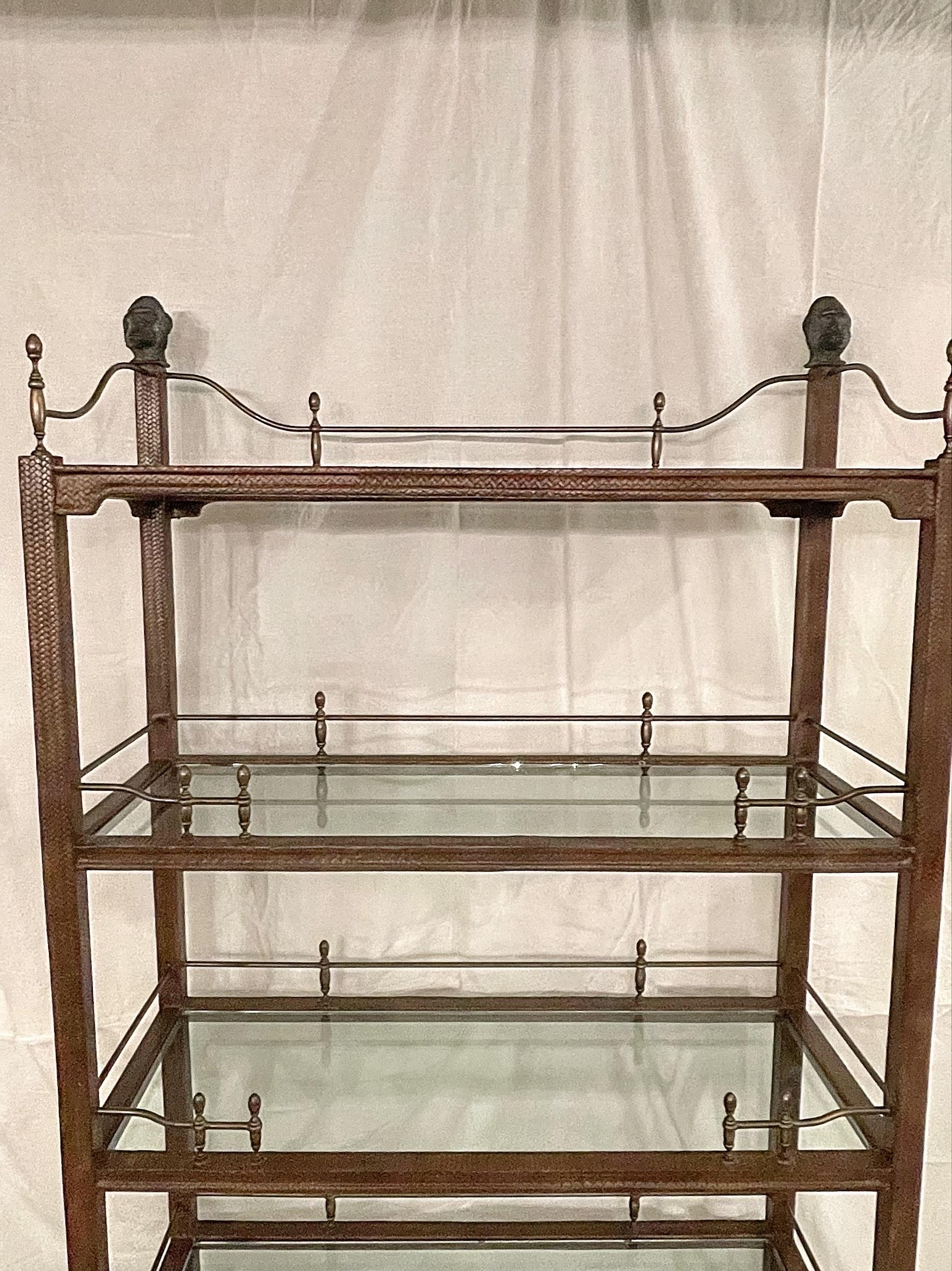 20th Century Maitland - Smith Regency Bookcase 5 Shelf Etagere Leather With Brass Rails Finia For Sale