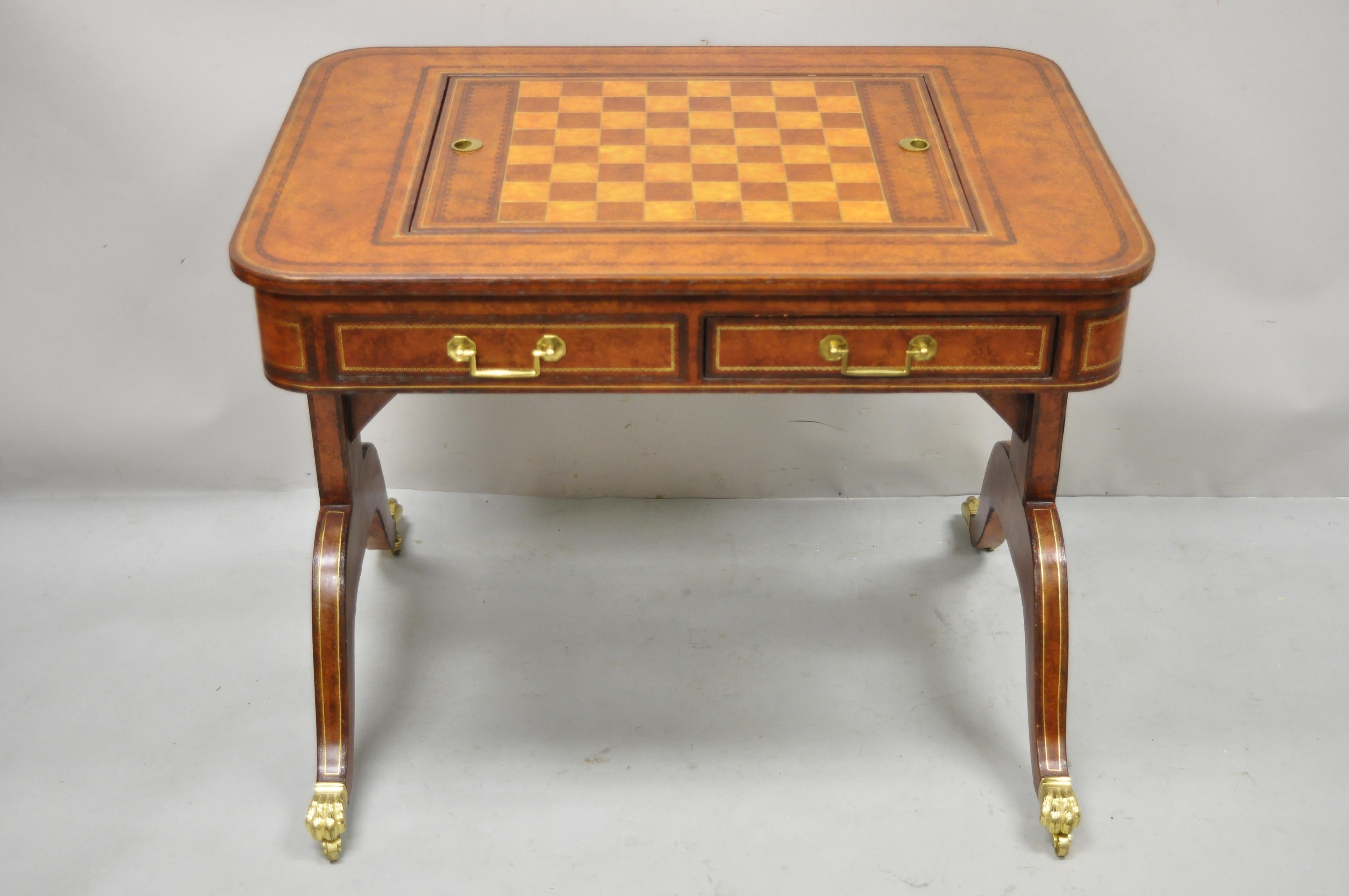 Maitland Smith Regency Brown Embossed Tooled Leather Flip Top Game Table 4