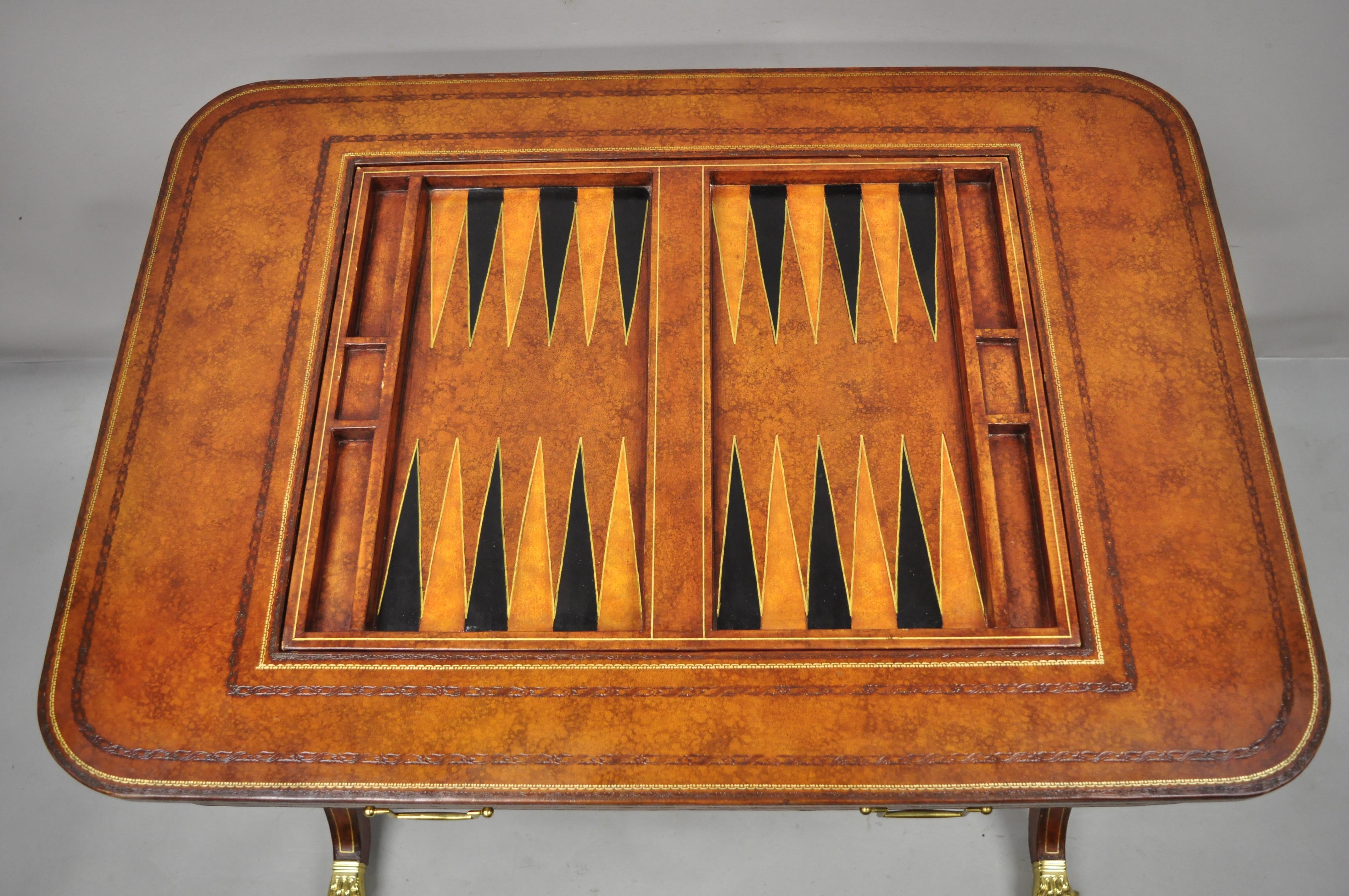 Philippine Maitland Smith Regency Brown Embossed Tooled Leather Flip Top Game Table