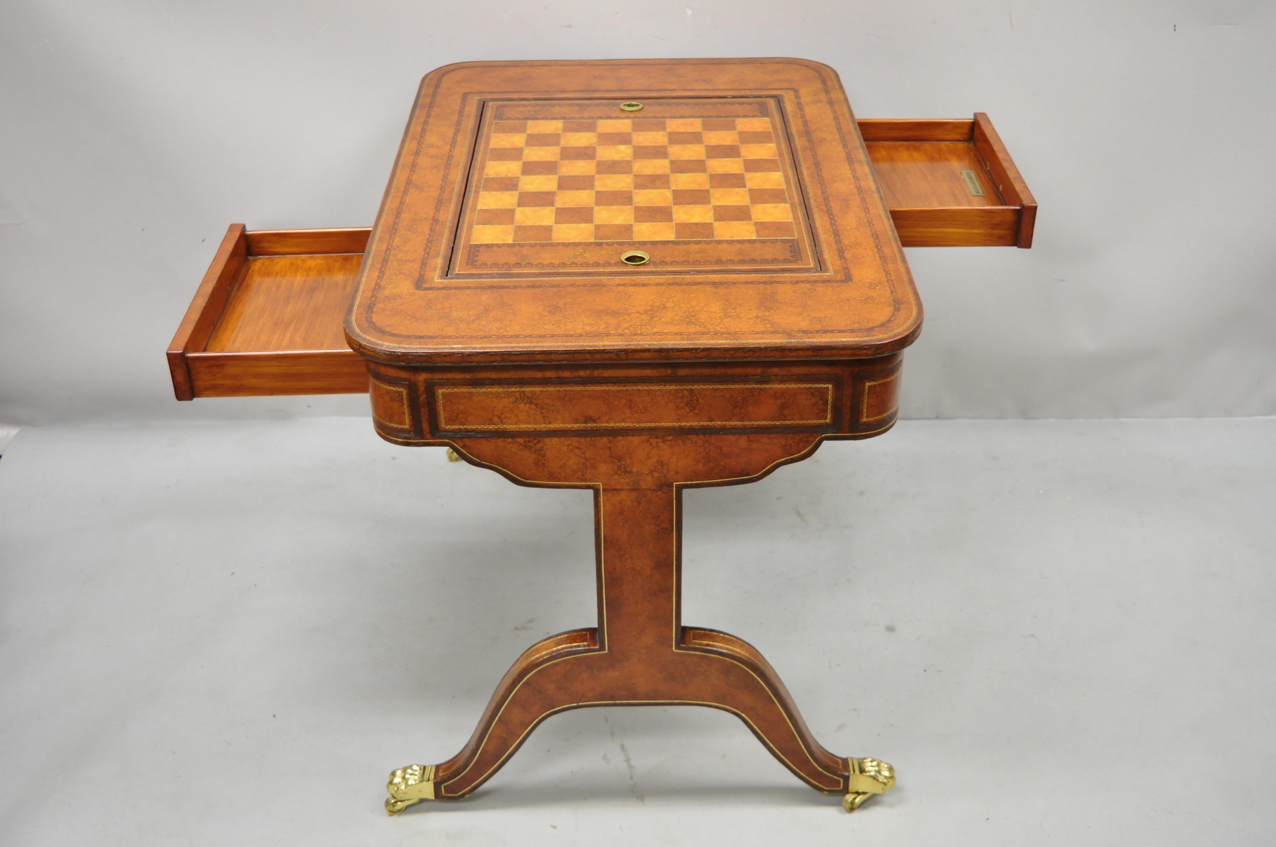 Maitland Smith Regency Brown Embossed Tooled Leather Flip Top Game Table In Good Condition In Philadelphia, PA