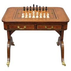 Maitland Smith Regency Brown Embossed Tooled Leather Flip Top Game Table