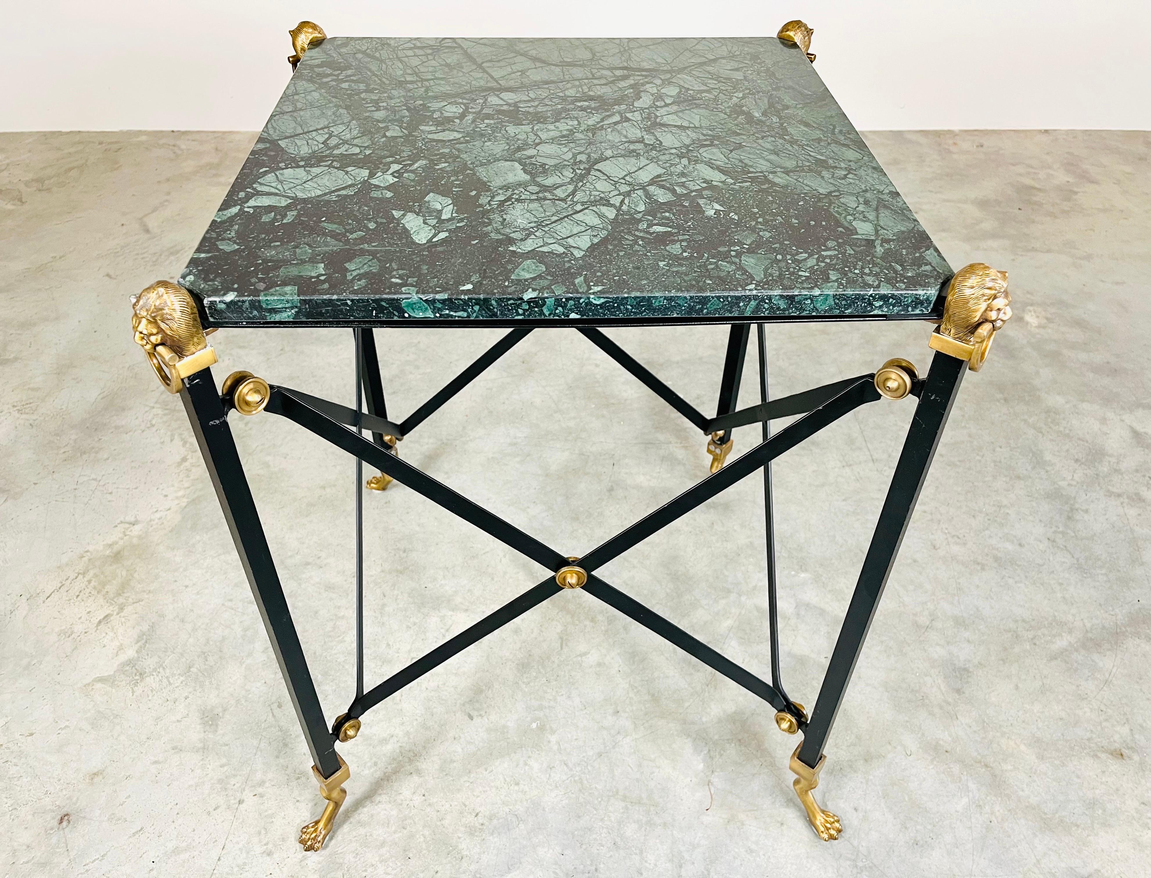 Brass Maitland Smith Regency Campaign Style Verdigris Marble Occasional Table