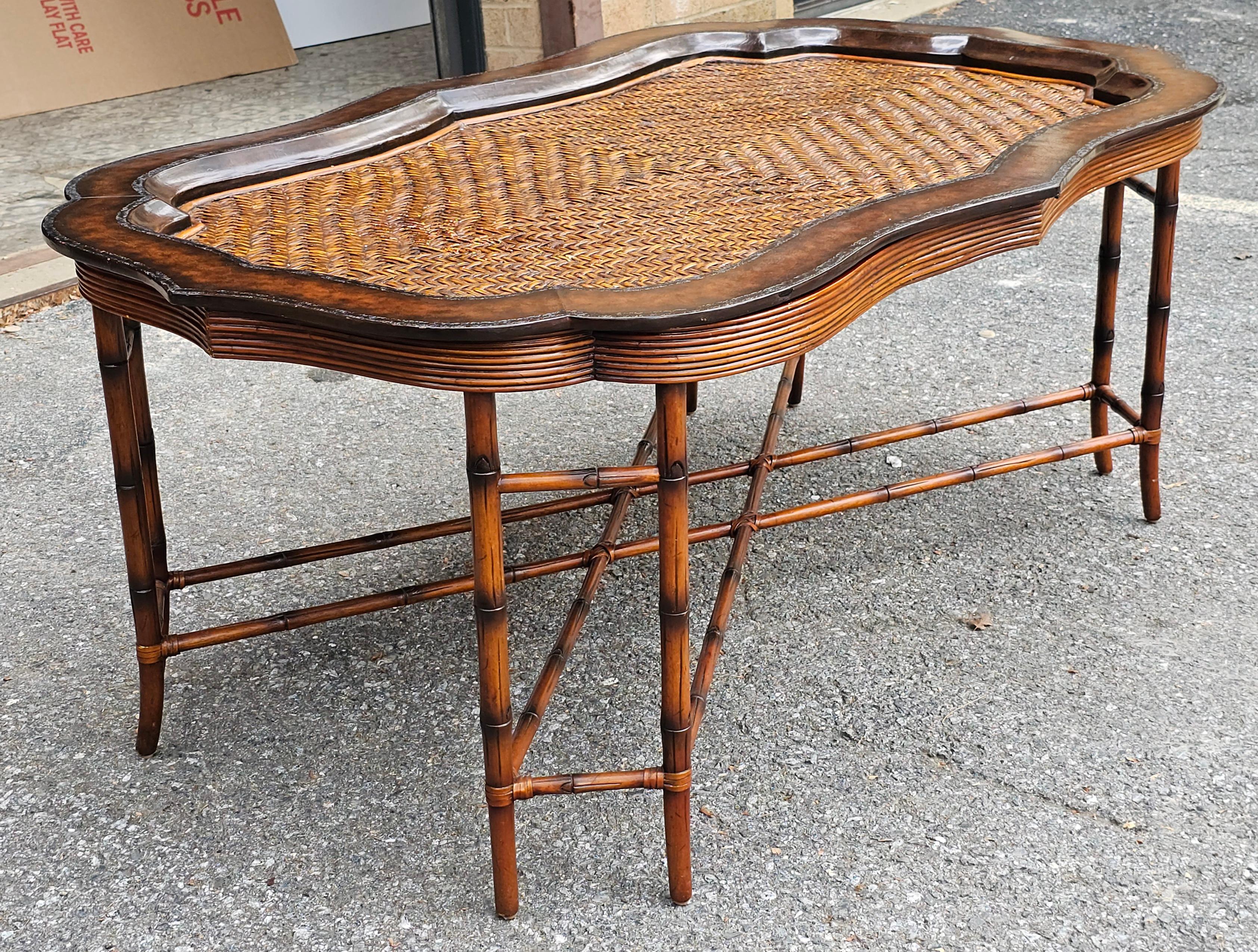 American Maitland-Smith Regency Faux Bamboo Base Leather and Wicker Tray Top Coffee Table For Sale