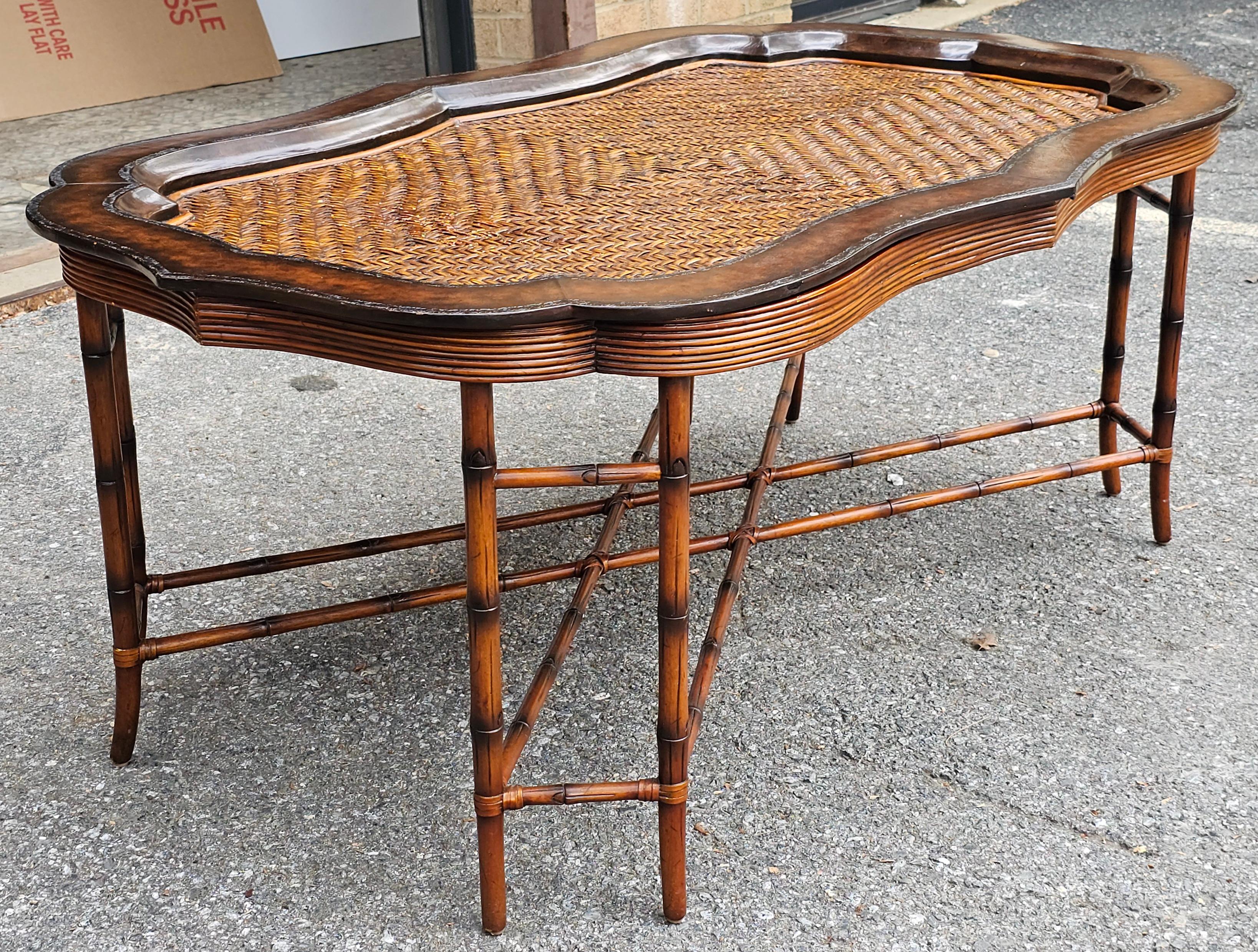 Stained Maitland-Smith Regency Faux Bamboo Base Leather and Wicker Tray Top Coffee Table For Sale