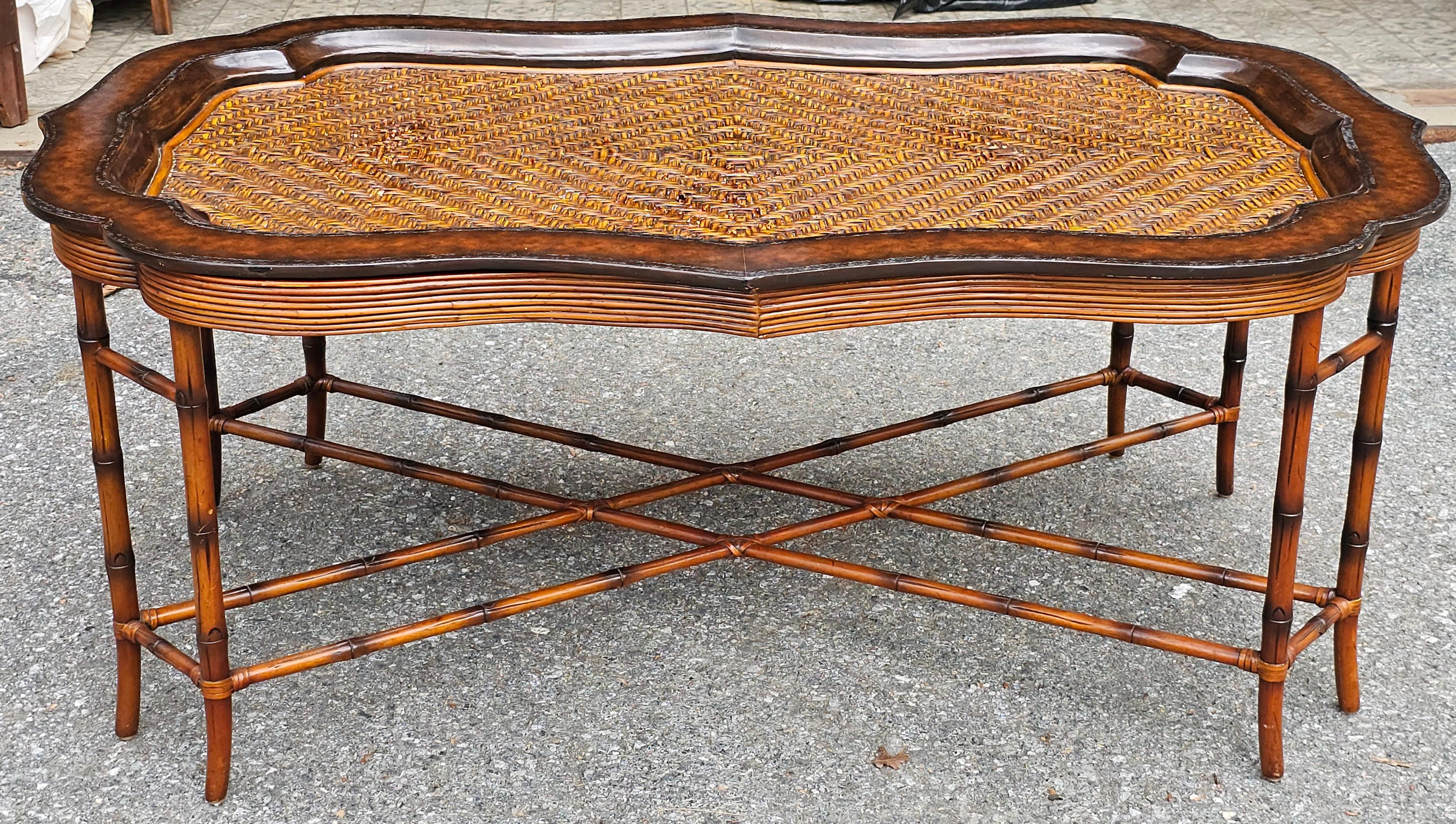 Maitland-Smith Regency Faux Bamboo Base Leather and Wicker Tray Top Coffee Table In Good Condition For Sale In Germantown, MD