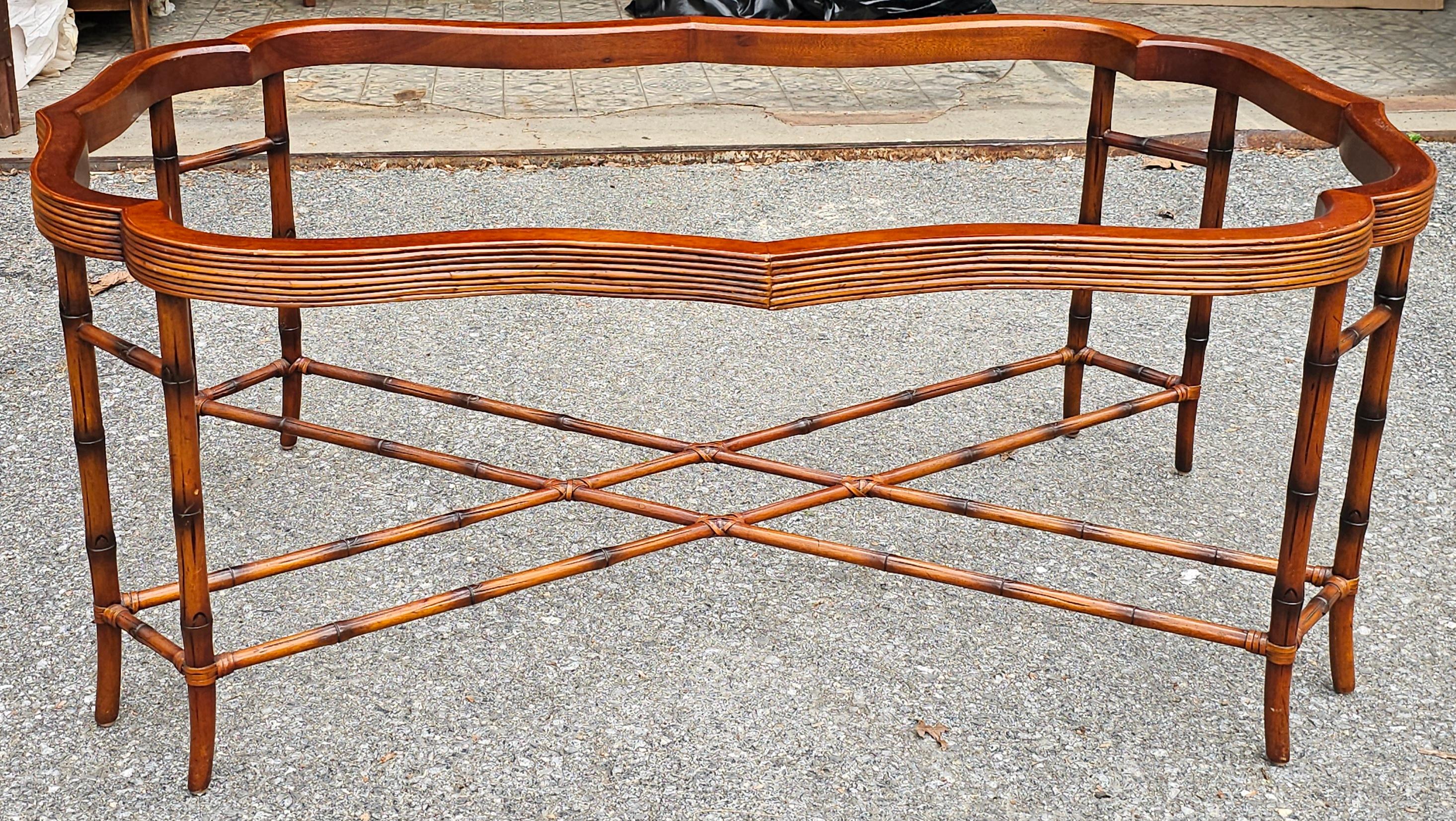 Walnut Maitland-Smith Regency Faux Bamboo Base Leather and Wicker Tray Top Coffee Table For Sale