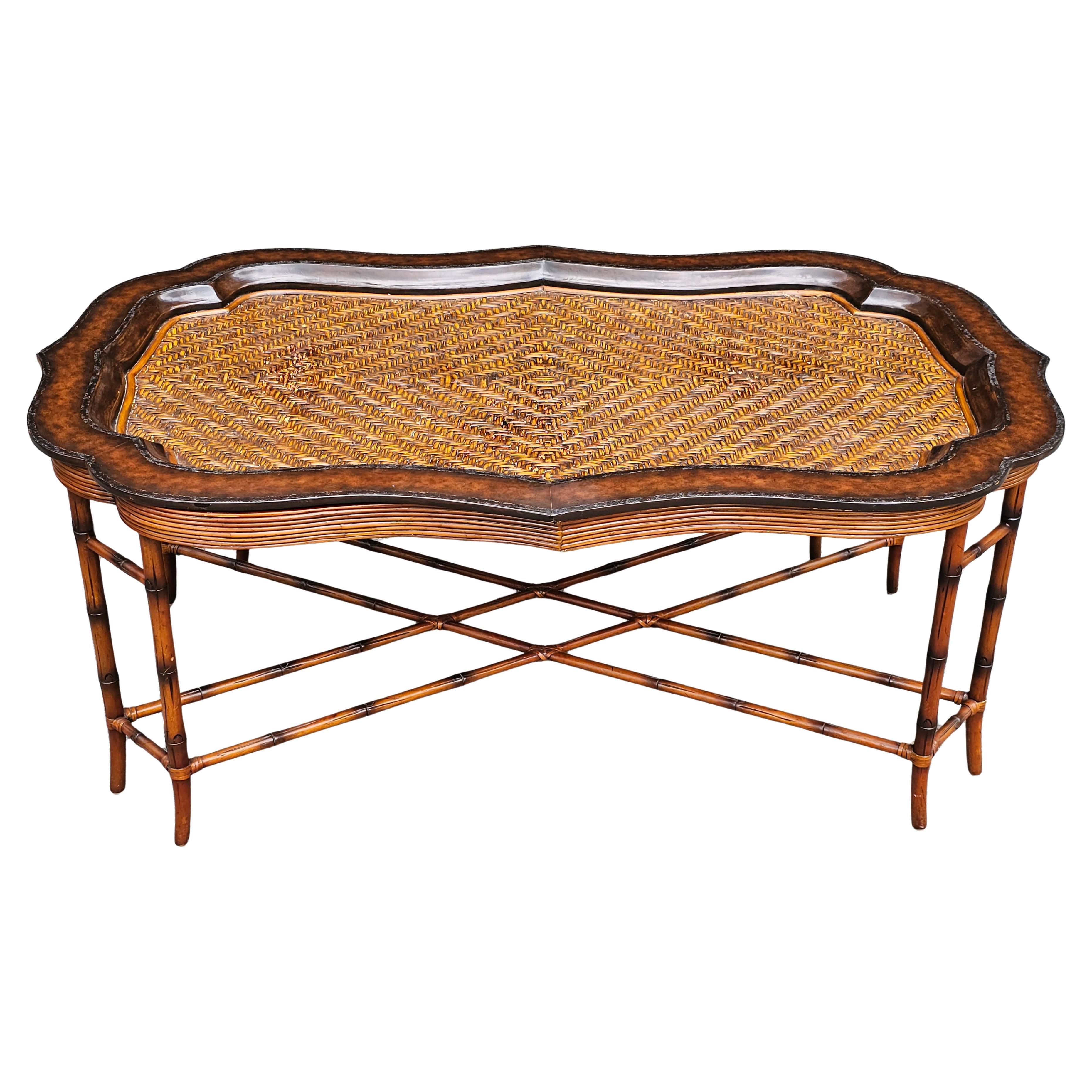 Maitland-Smith Regency Faux Bamboo Base Leather and Wicker Tray Top Coffee Table