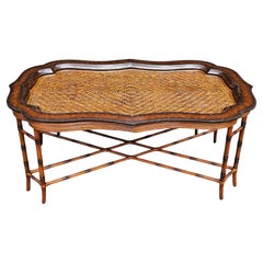 Vintage Maitland-Smith Regency Faux Bamboo Base Leather and Wicker Tray Top Coffee Table