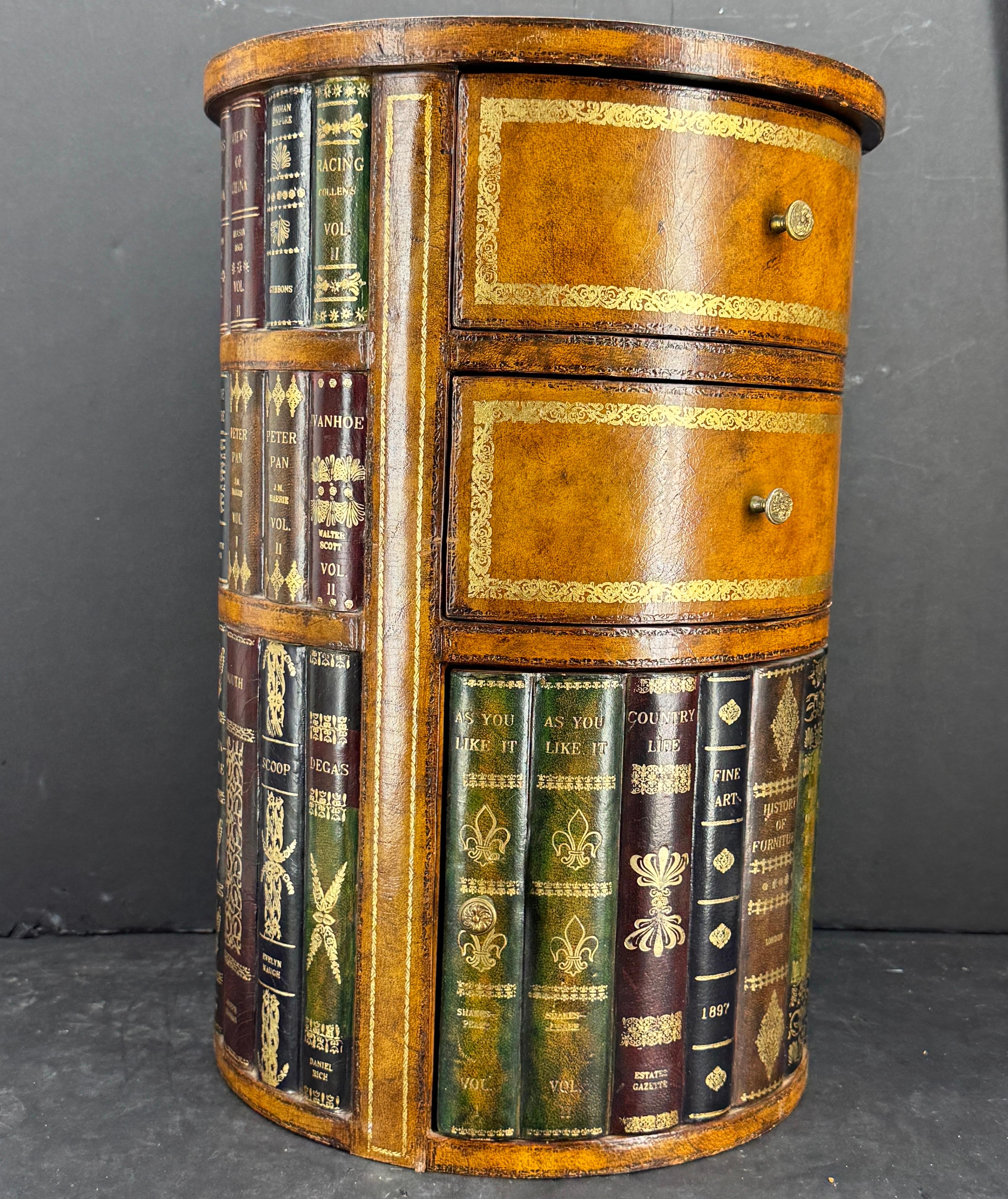 American Maitland Smith Regency Leather Book Side Table Cabinet with Drawers