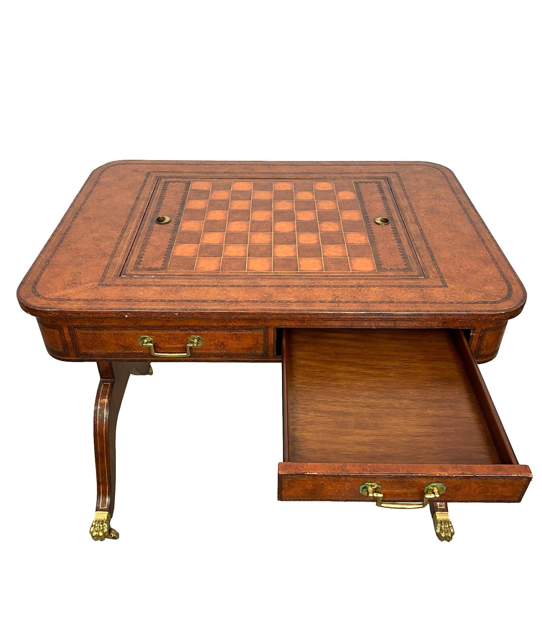 Maitland-Smith Regency-Style Chess/Backgammon Board Table in Embossed Leather In Good Condition In Banner Elk, NC