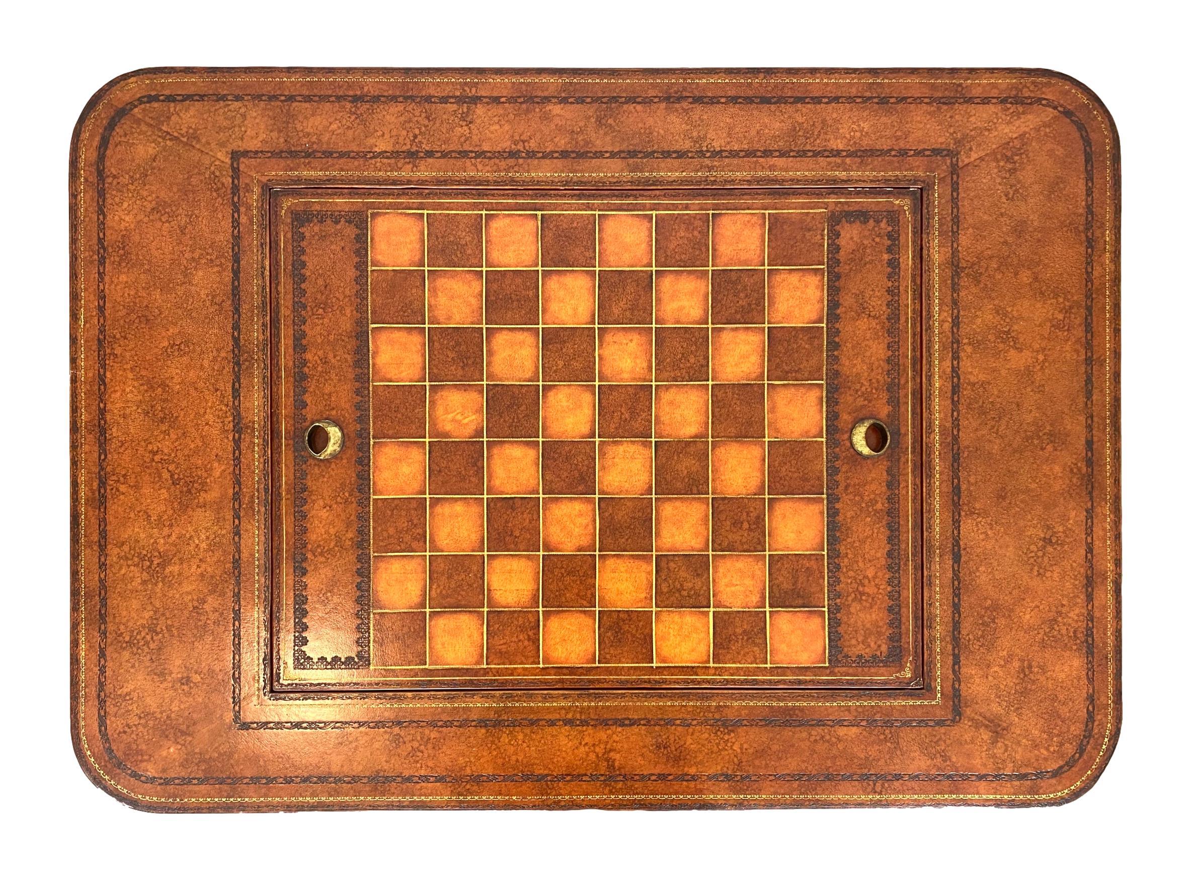 Maitland-Smith Regency-Style Chess/Backgammon Board Table in Embossed Leather 1
