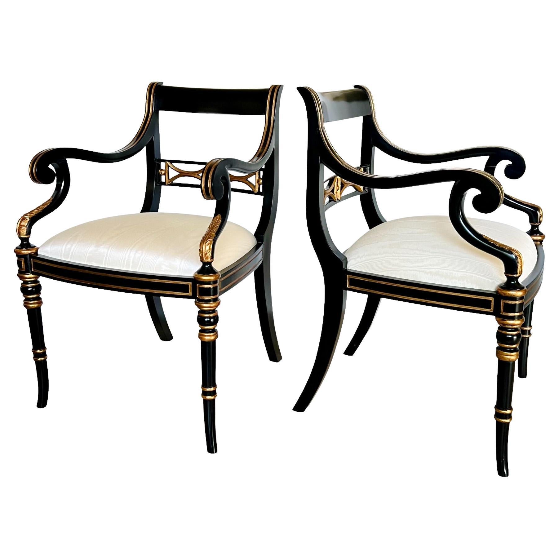 Maitland Smith Regency Style Ebony Parcel Gilt Armchairs, a Pair