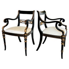 Maitland Smith Regency Style Ebony Parcel Gilt Armchairs, a Pair