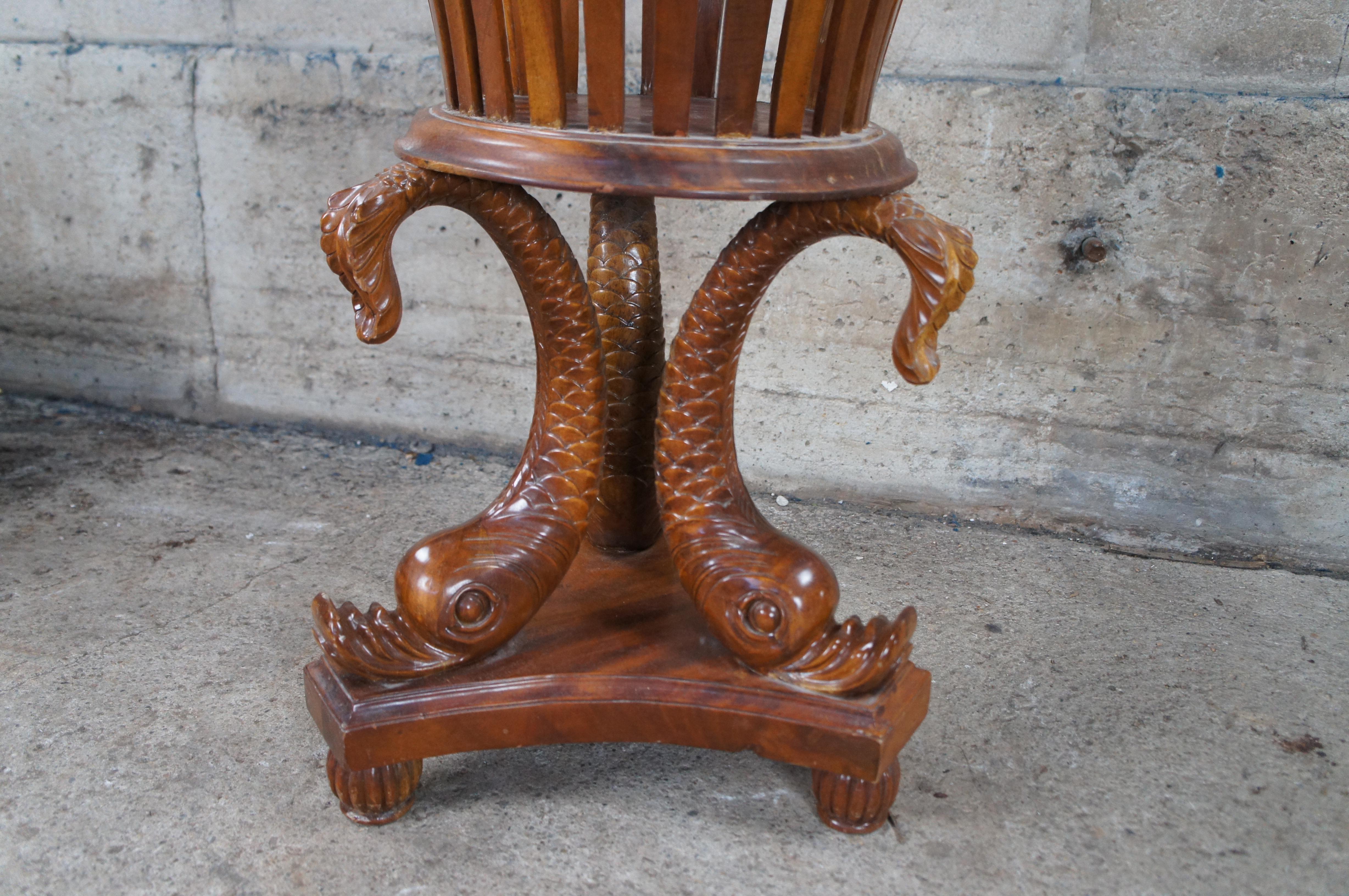 Maitland Smith Regency Style Mahogany Carved Dolphin Jardinière Plant Stand In Distressed Condition For Sale In Dayton, OH