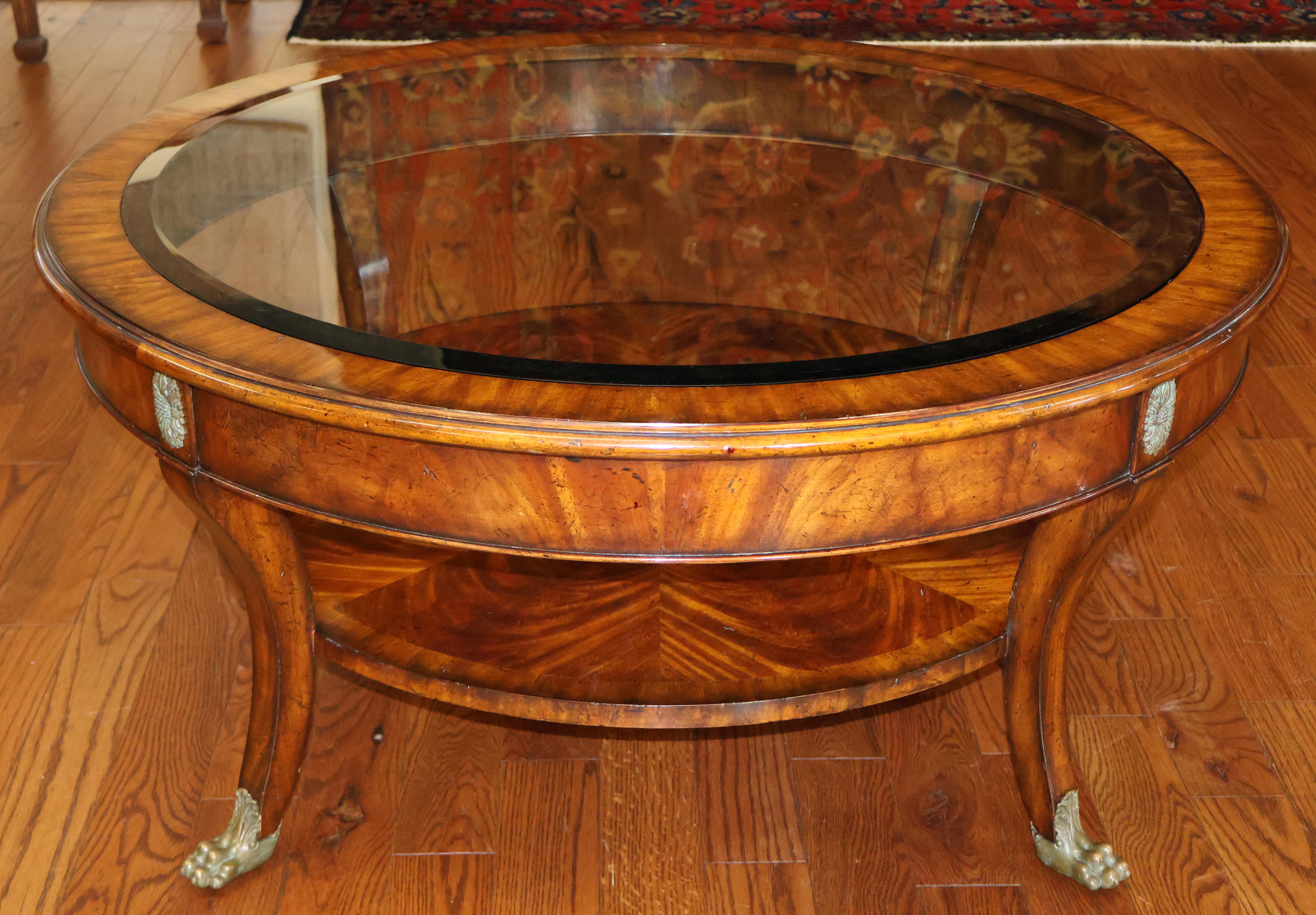 Philippine Maitland Smith Regency Style Mahogany Round Glass Top Cocktail Coffee Table  For Sale