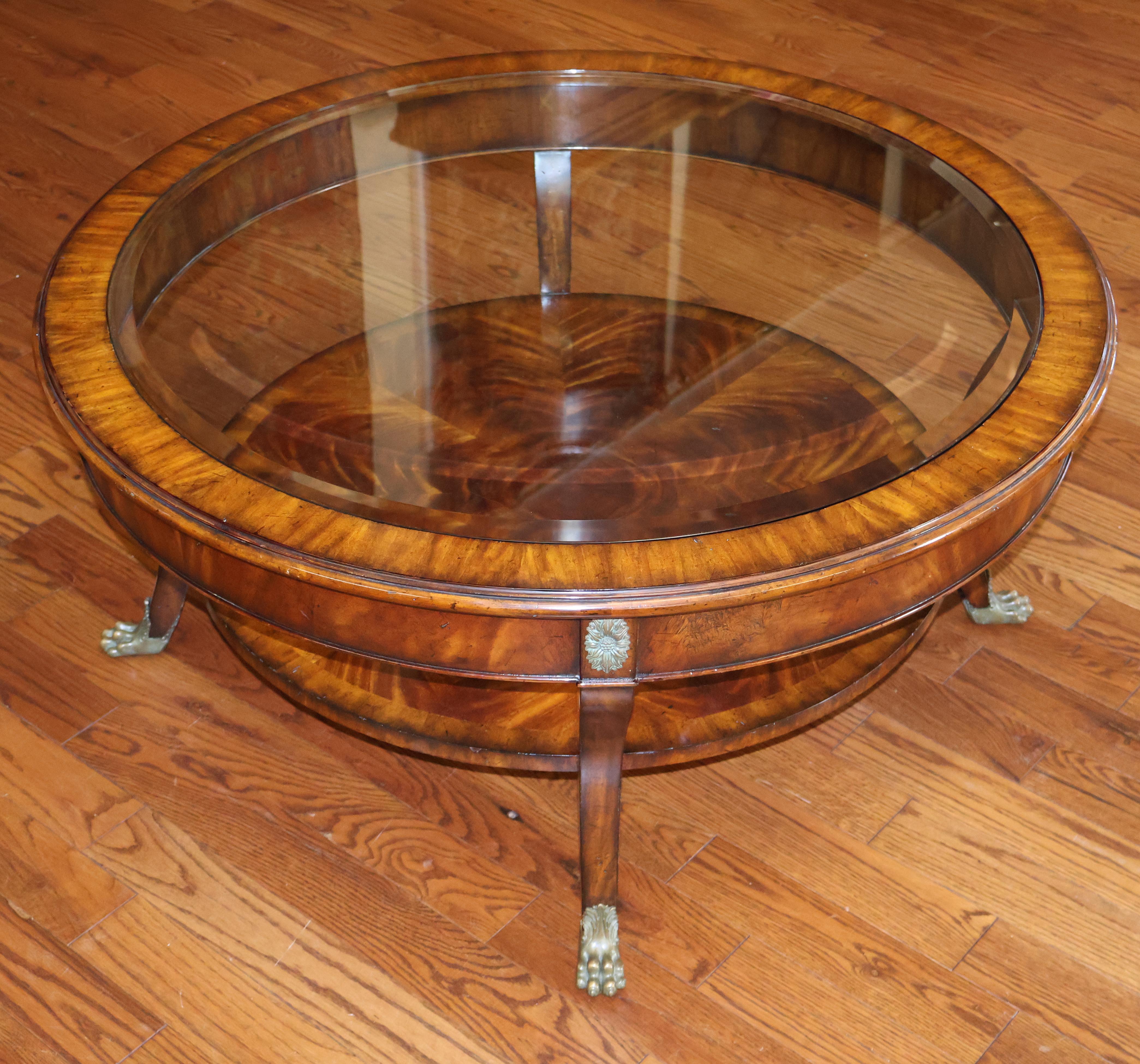 Maitland Smith Regency Style Mahogany Round Glass Top Cocktail Coffee Table  In Fair Condition For Sale In Long Branch, NJ
