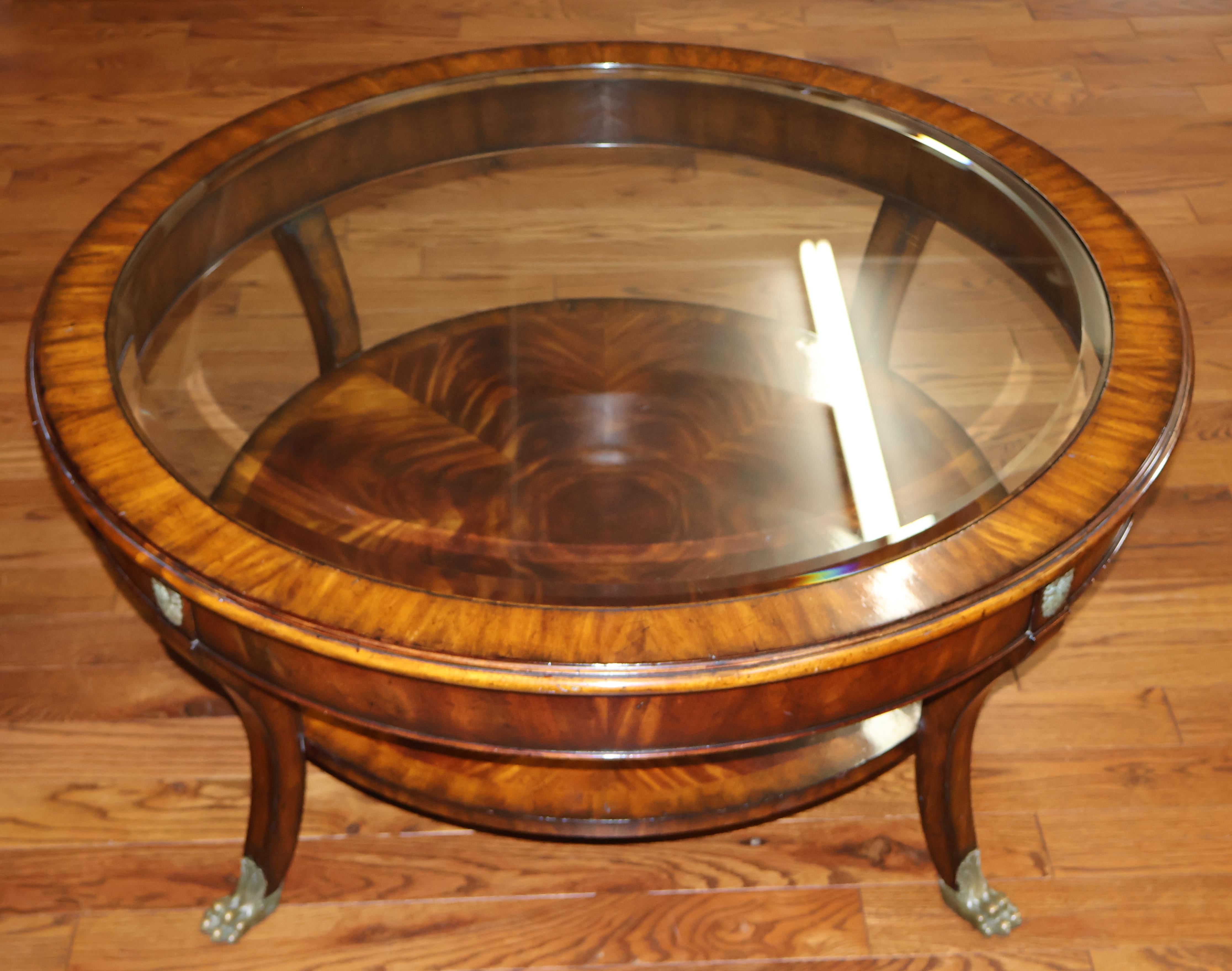 Contemporary Maitland Smith Regency Style Mahogany Round Glass Top Cocktail Coffee Table  For Sale
