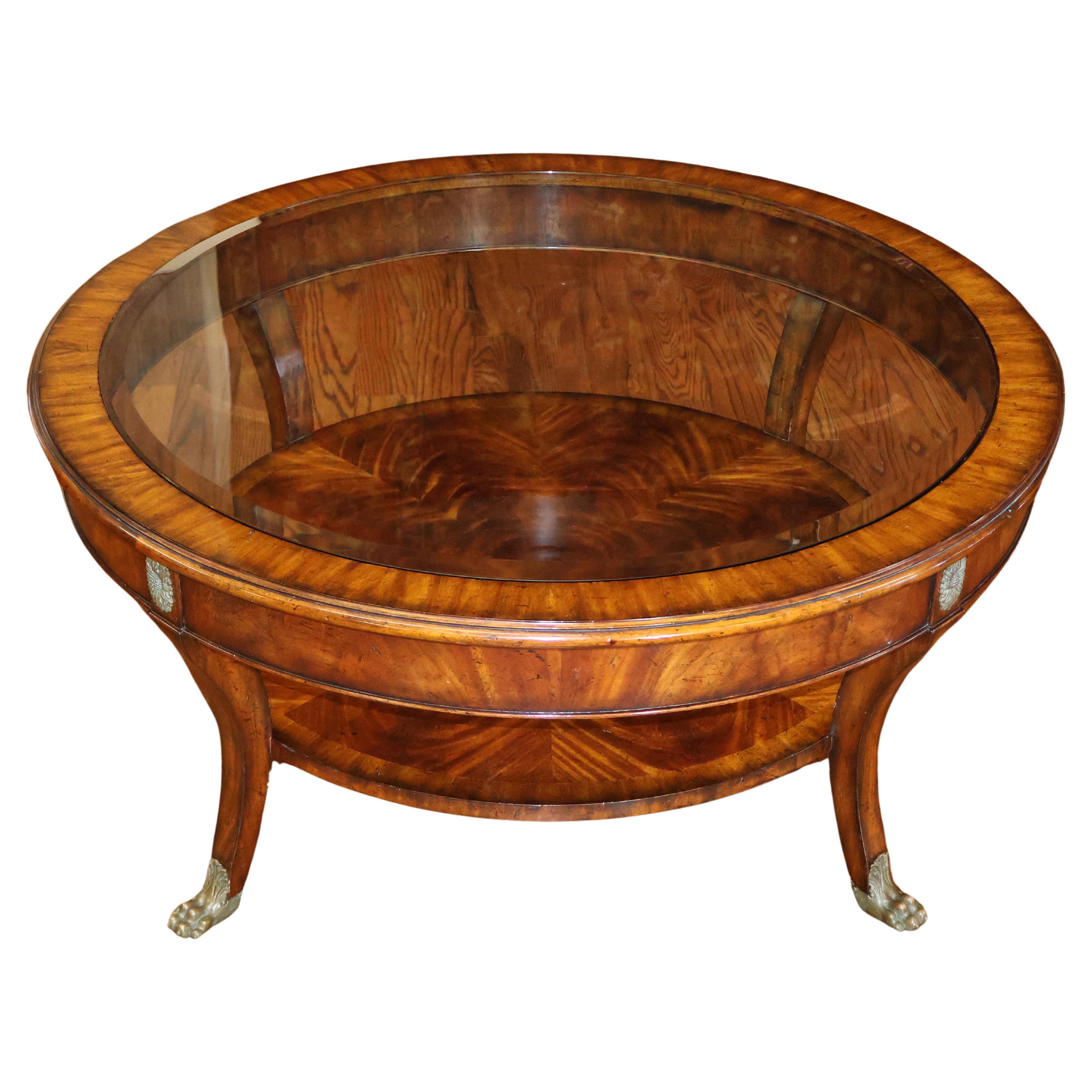 Maitland Smith Regency Style Mahogany Round Glass Top Cocktail Coffee Table 