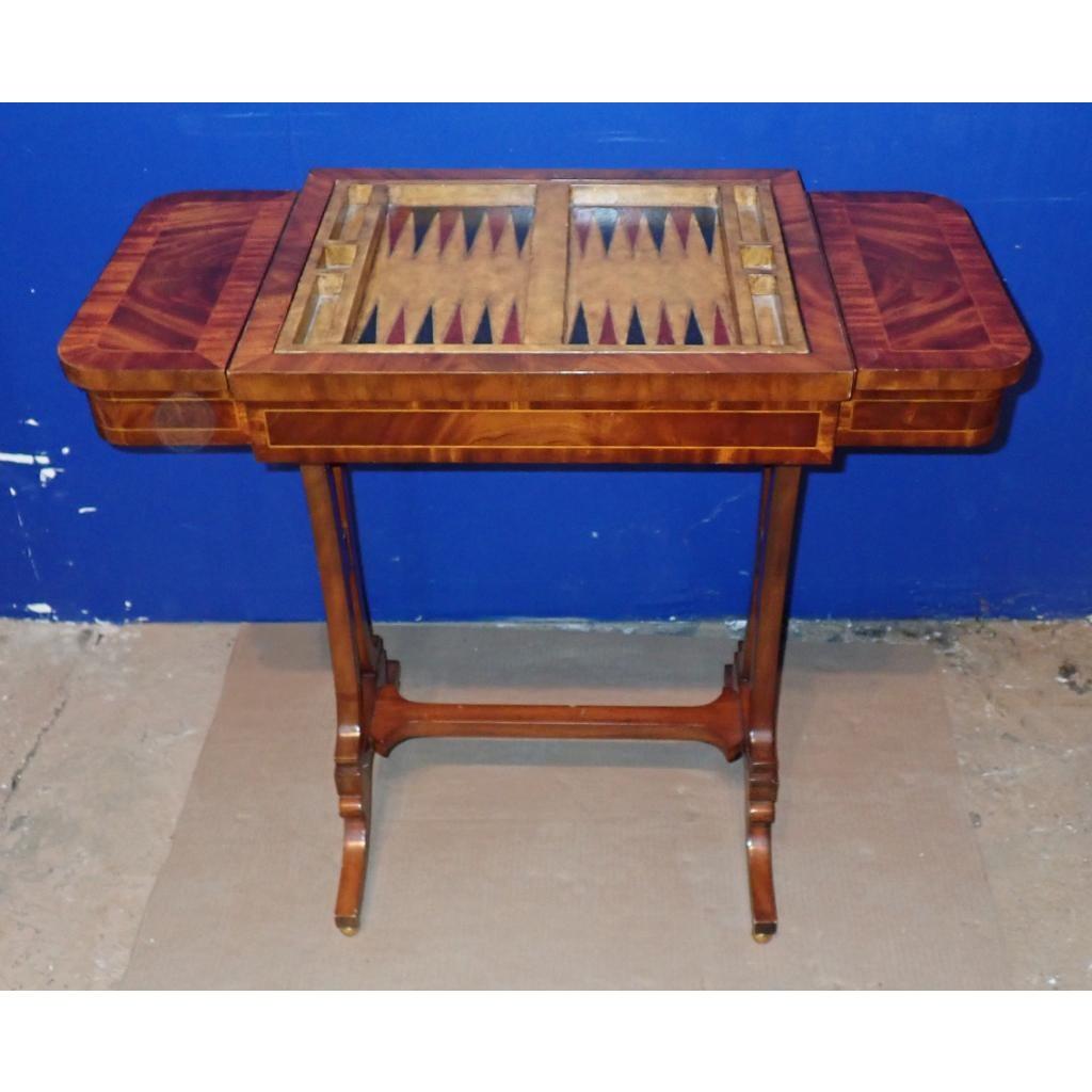 Maitland Smith Reversible Inlaid backgammon  chess/checkers Game Table. Vintage Maitland Smith Regency style mahogany inlaid top gaming table. Reversible inset to change from a backgammon to checker/chess board, with label “Maitland Smith”