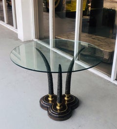 Maitland Smith Round Brass and Leather Table with Horns