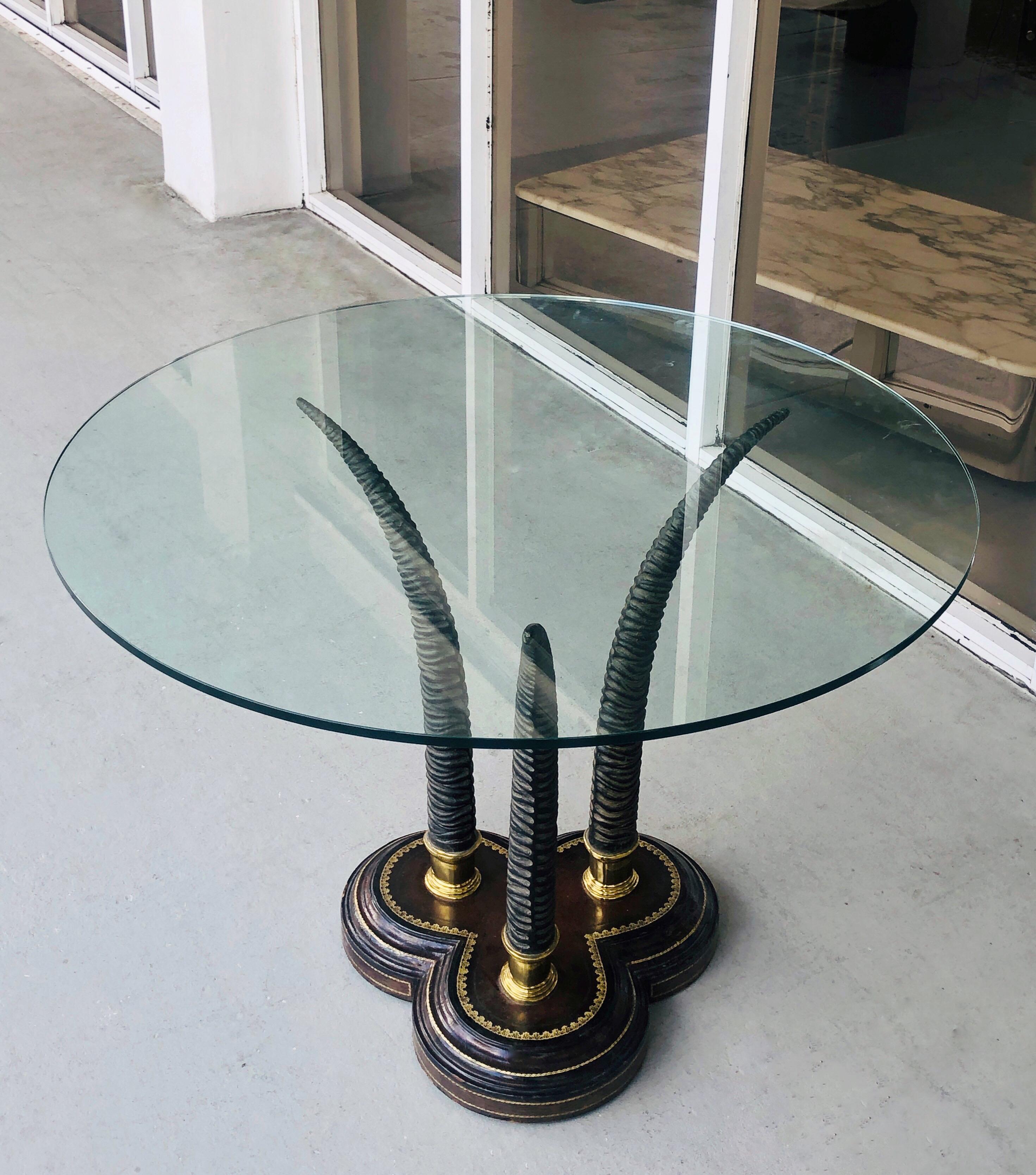 Philippine Maitland Smith Round Brass and Leather Table with Horns