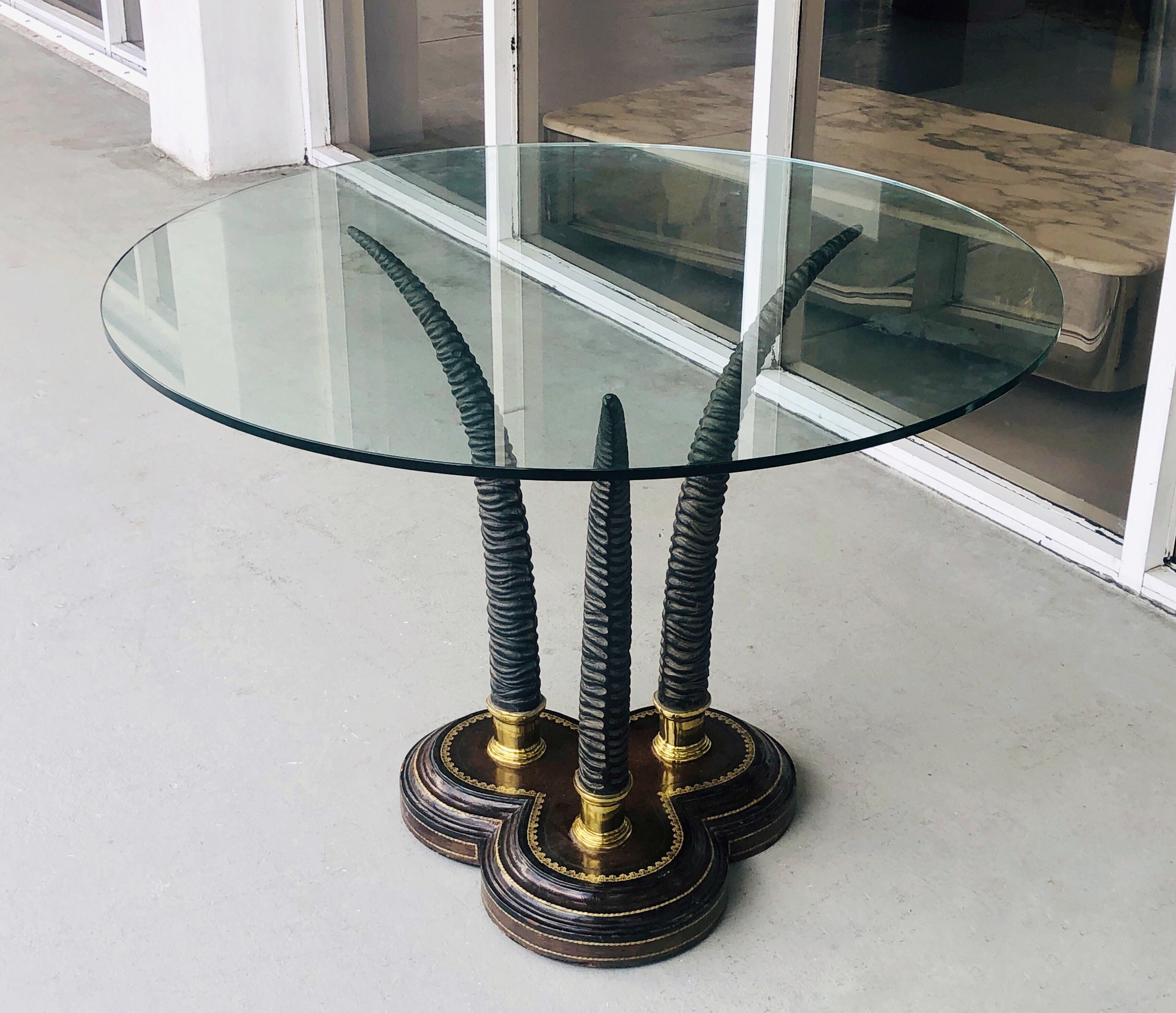 Maitland Smith Round Brass and Leather Table with Horns In Good Condition In Miami, FL