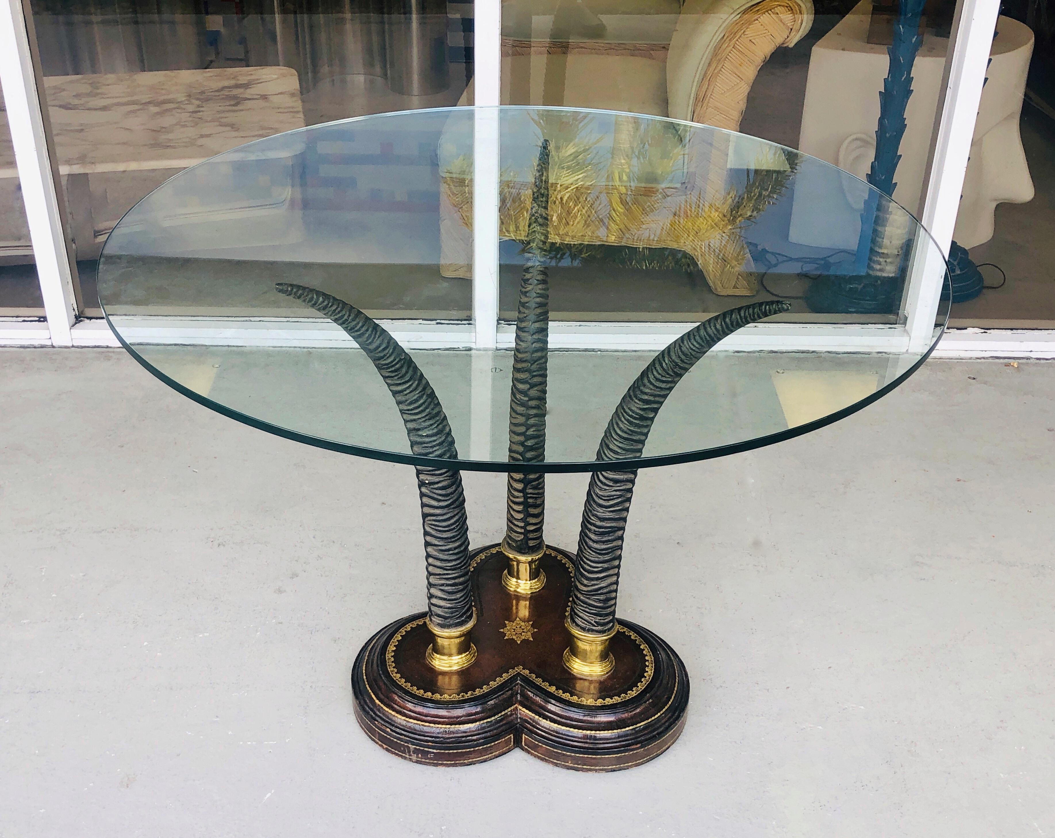 Late 20th Century Maitland Smith Round Brass and Leather Table with Horns
