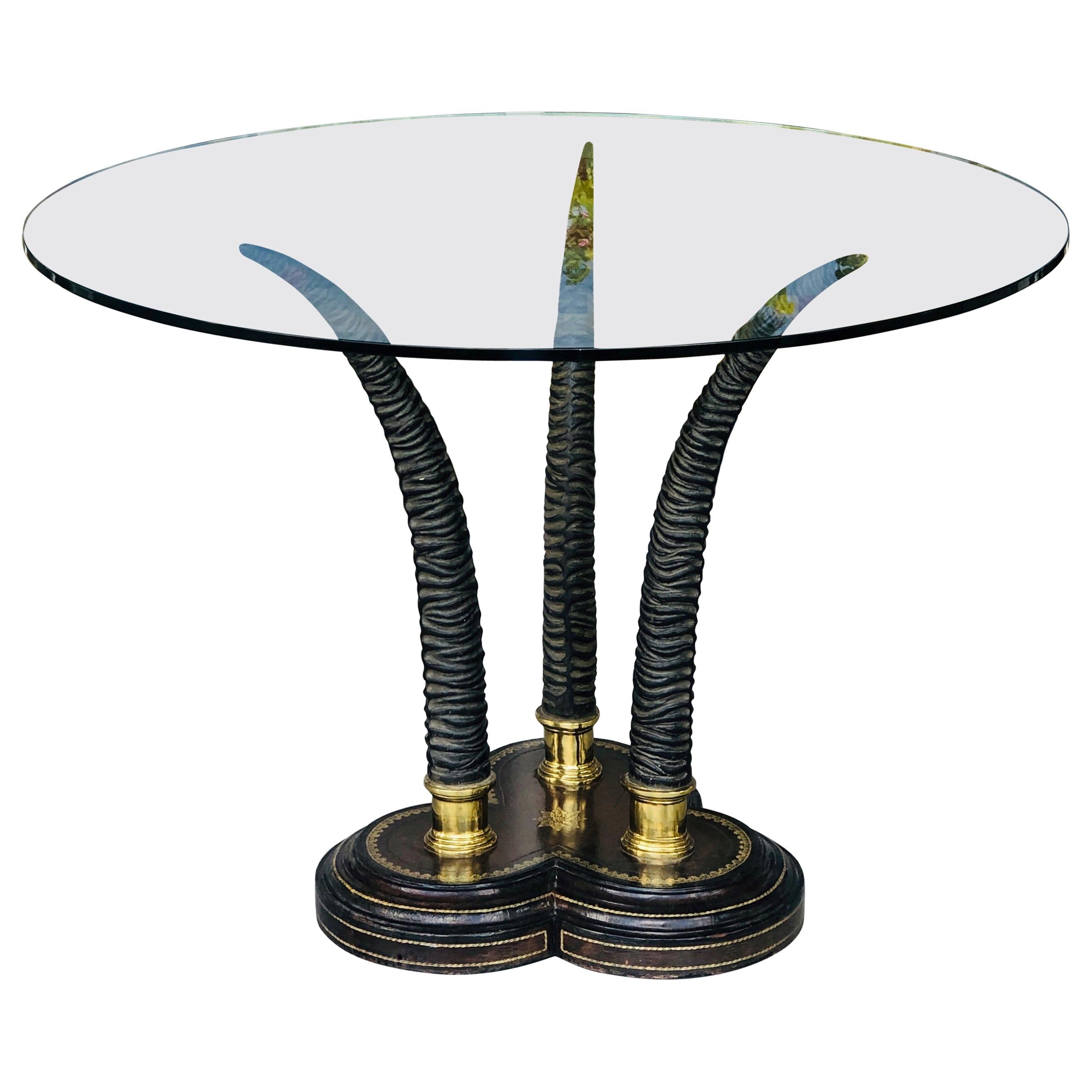 Maitland Smith Round Brass and Leather Table with Horns