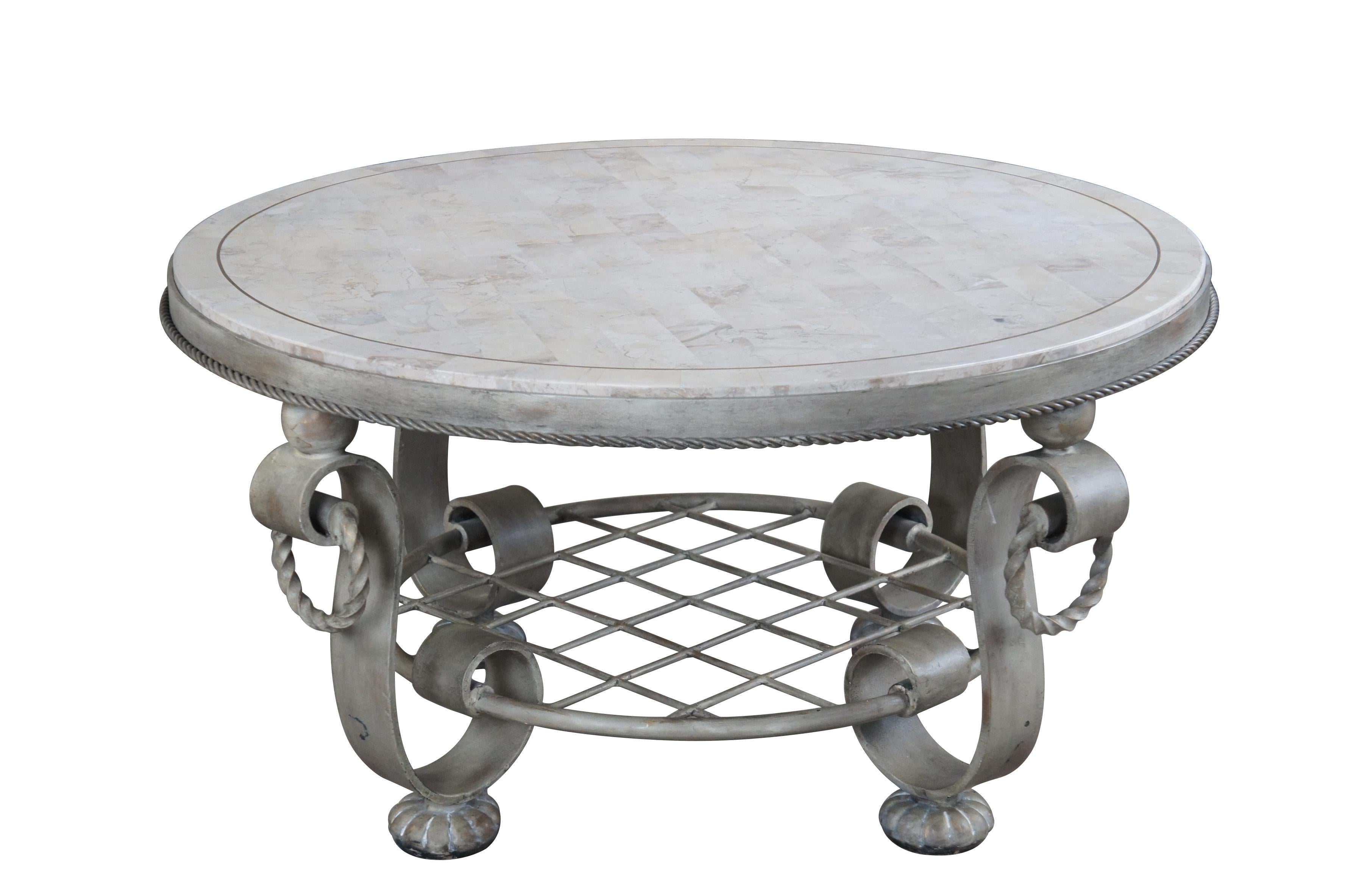 Maitland Smith Round Tessellated Stone Scrolled Iron Coffee Cocktail Table 37