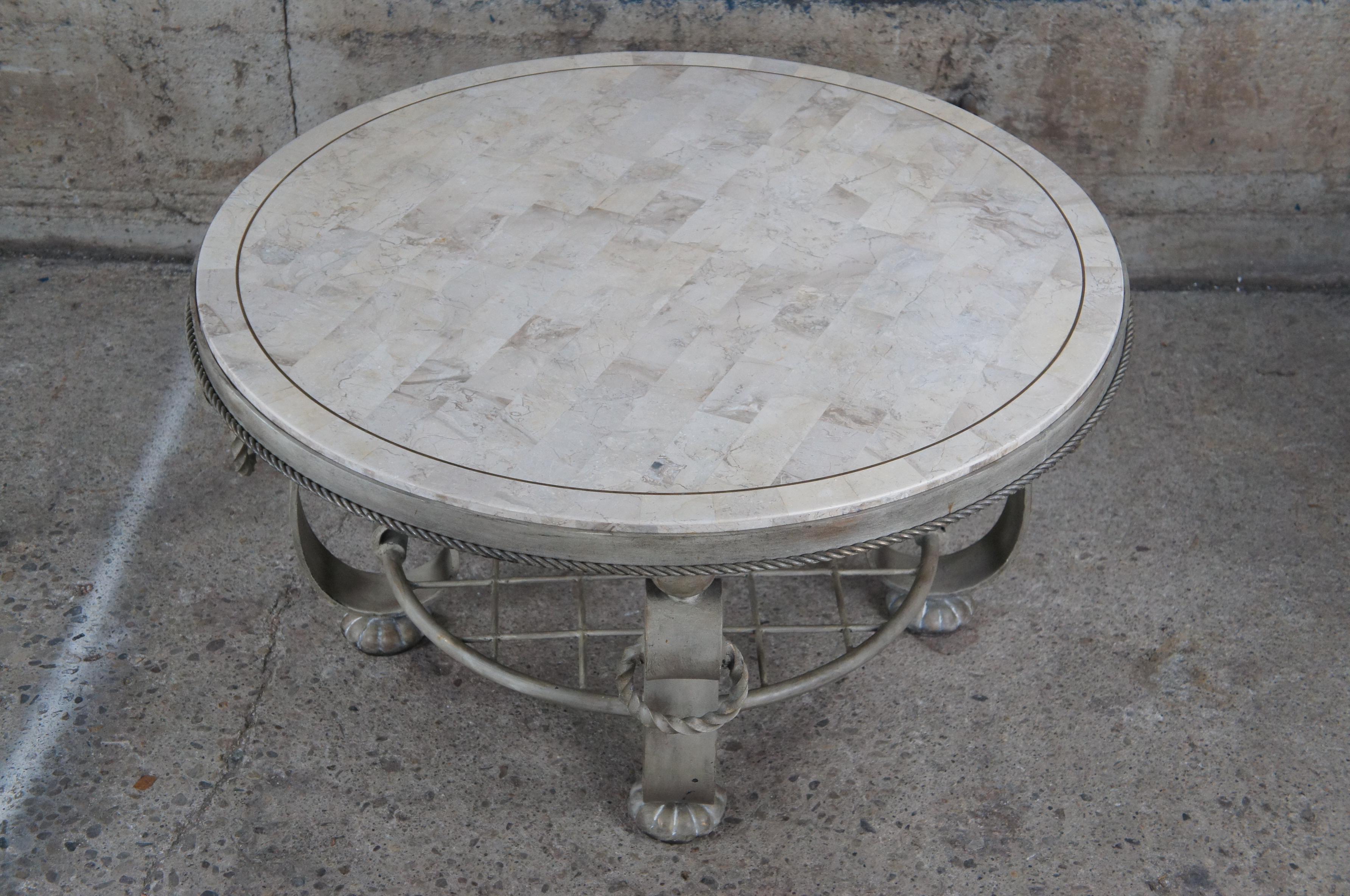 20th Century Maitland Smith Round Tessellated Stone Scrolled Iron Coffee Cocktail Table 37