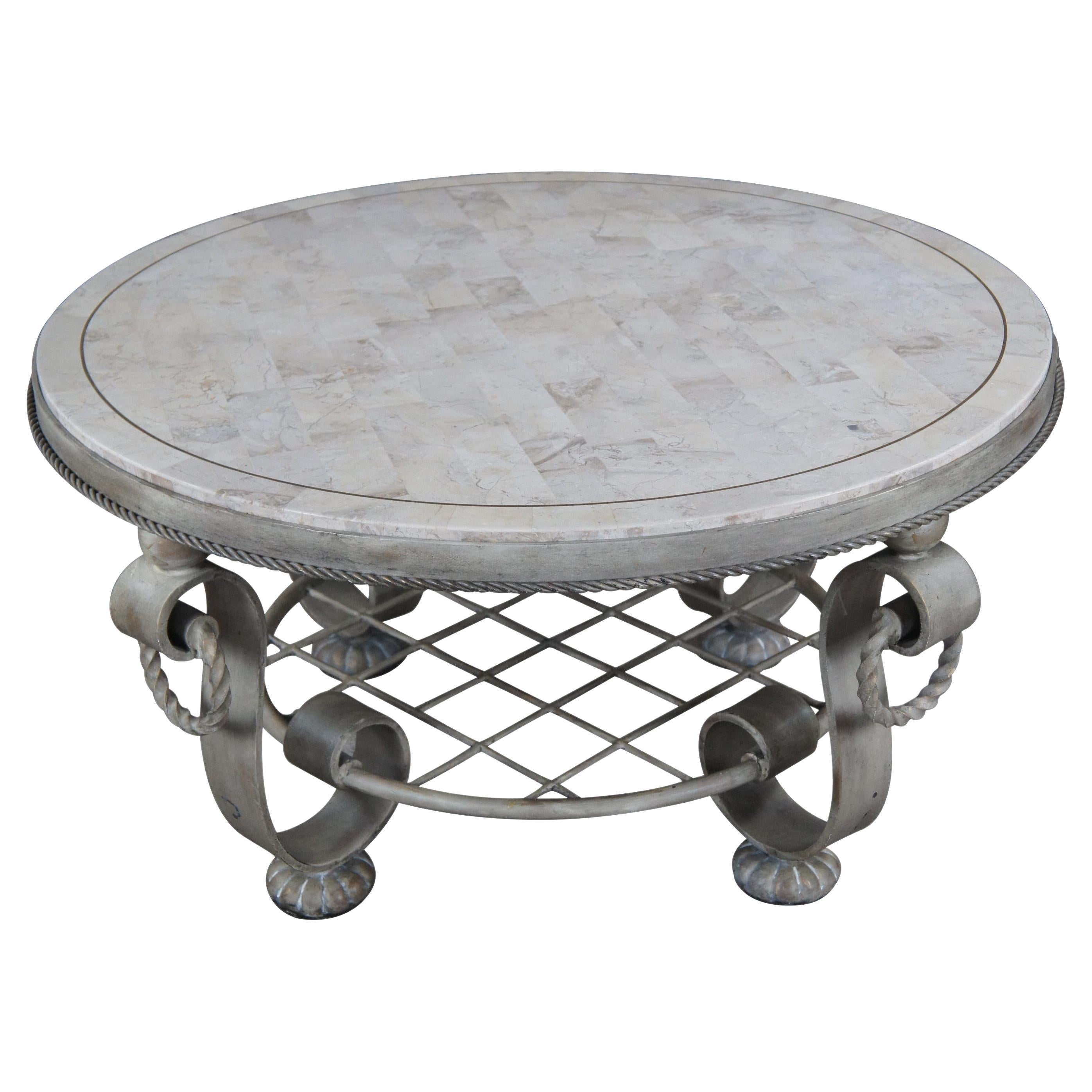 Maitland Smith Round Tessellated Stone Scrolled Iron Coffee Cocktail Table 37" For Sale