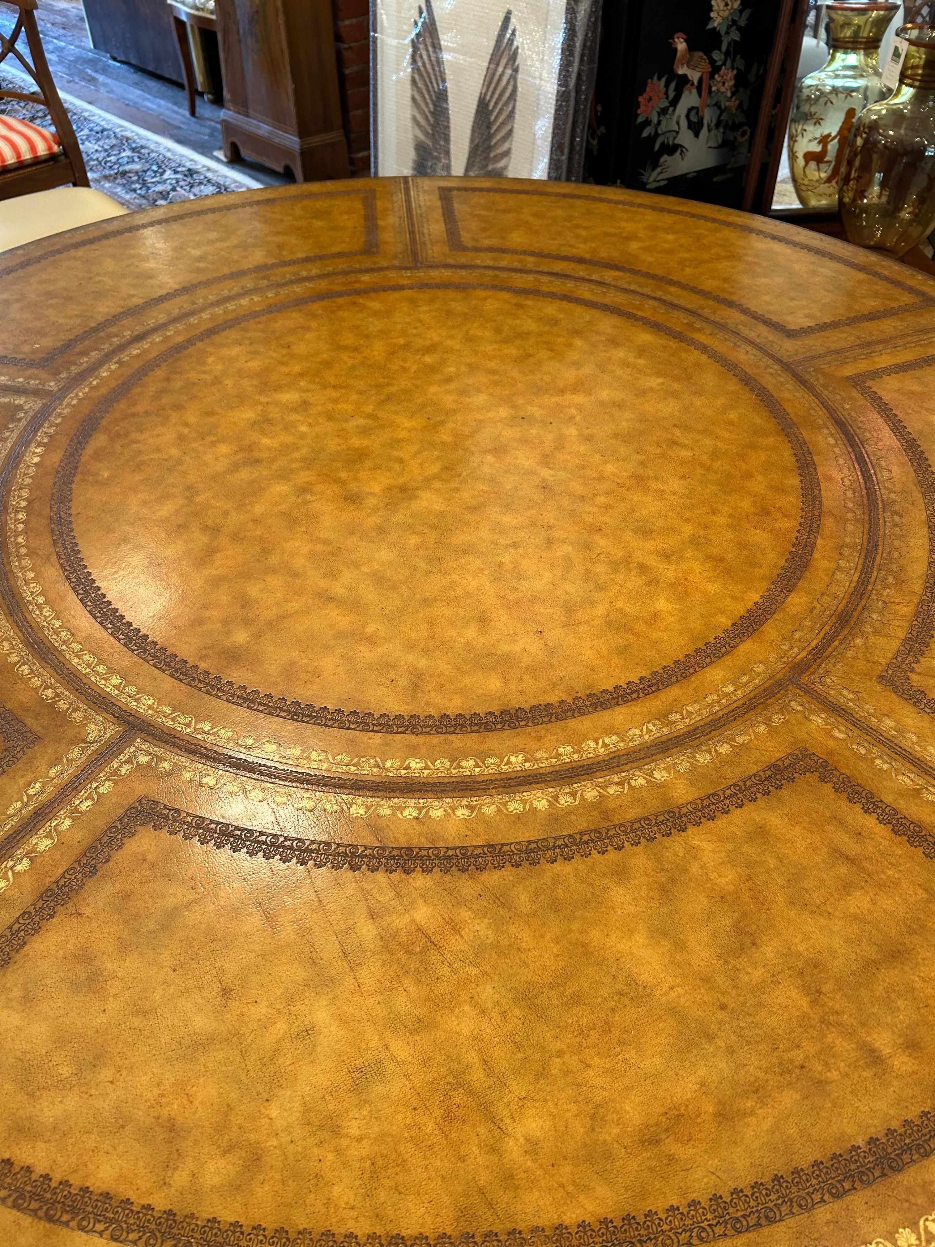 American Maitland Smith Round Tooled Leather & Mahogany Extension Dining Center Table For Sale