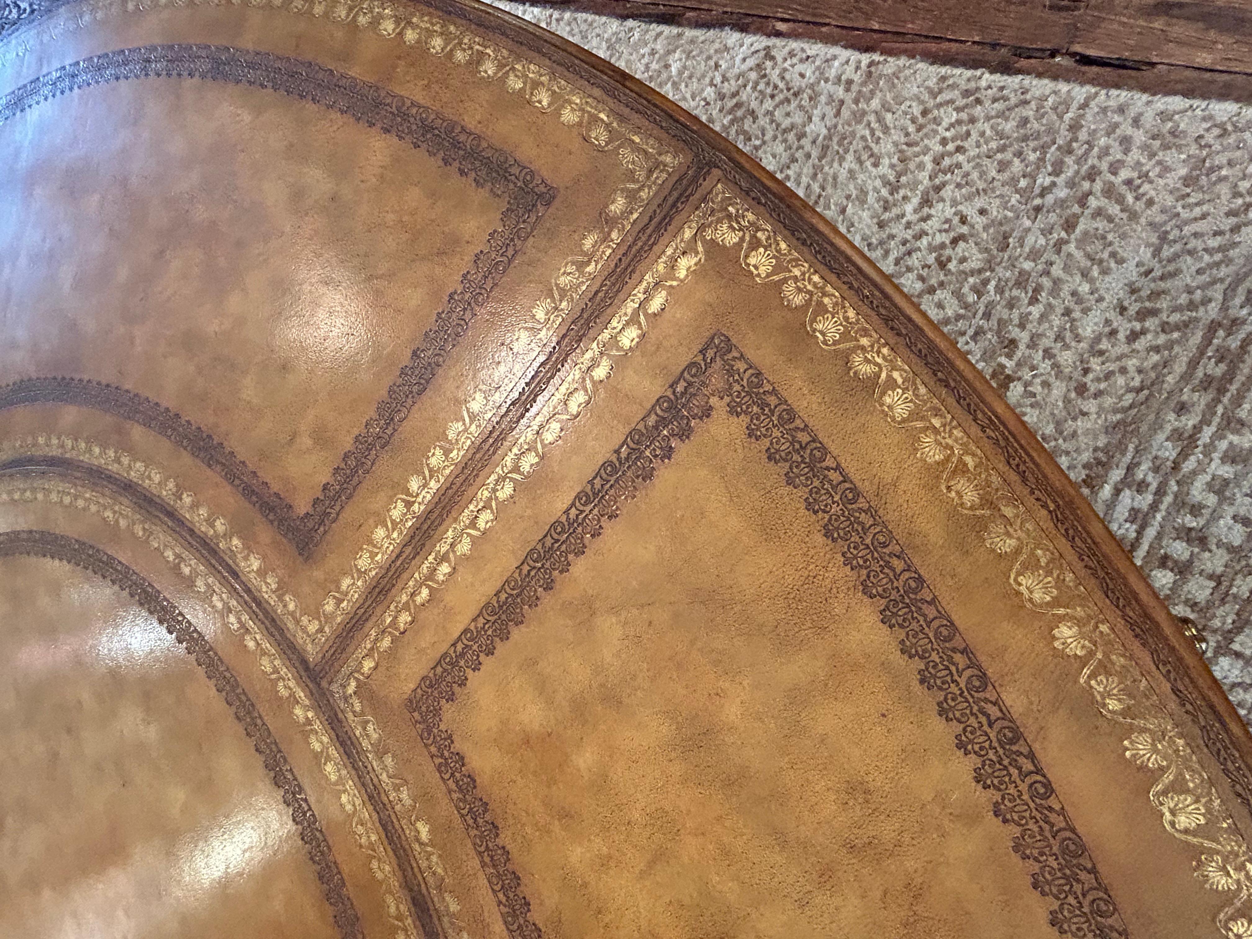 Contemporary Maitland Smith Round Tooled Leather & Mahogany Extension Dining Center Table For Sale