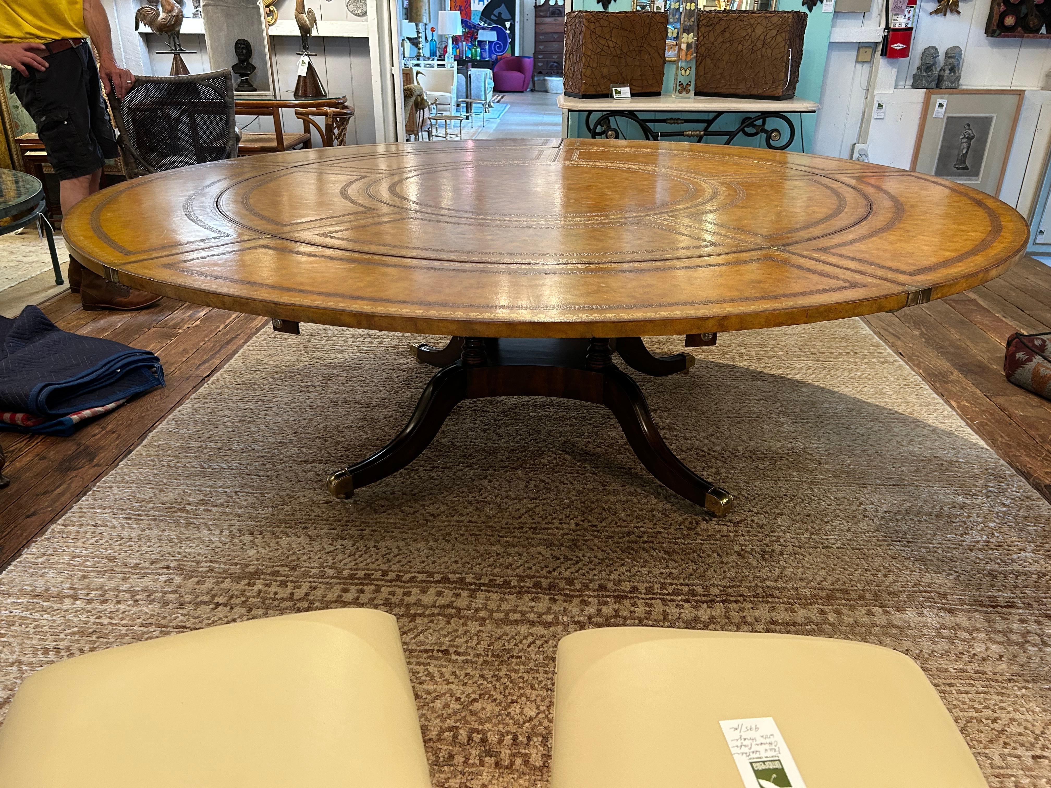 Brass Maitland Smith Round Tooled Leather & Mahogany Extension Dining Center Table For Sale
