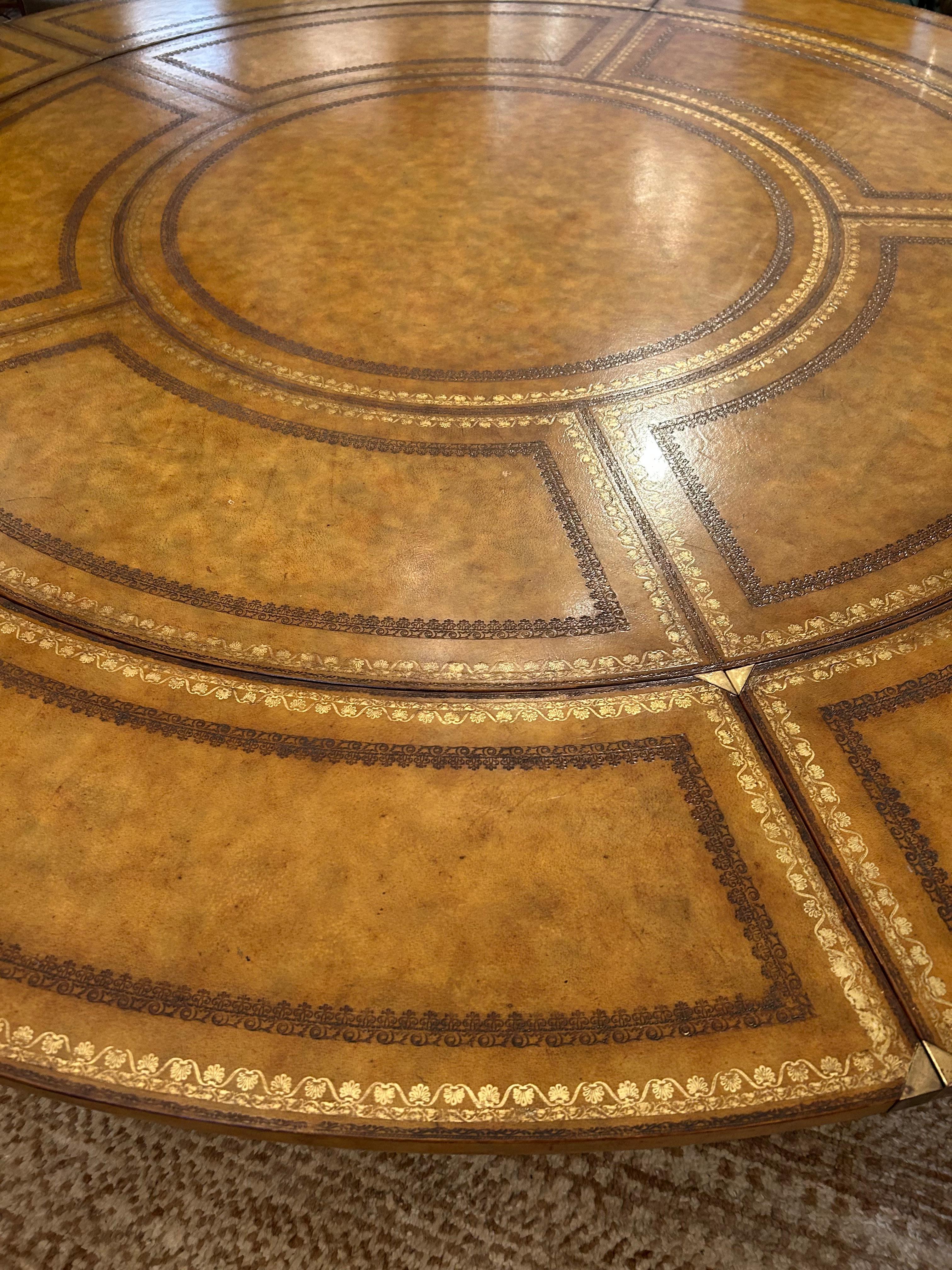 Maitland Smith Round Tooled Leather & Mahogany Extension Dining Center Table For Sale 1
