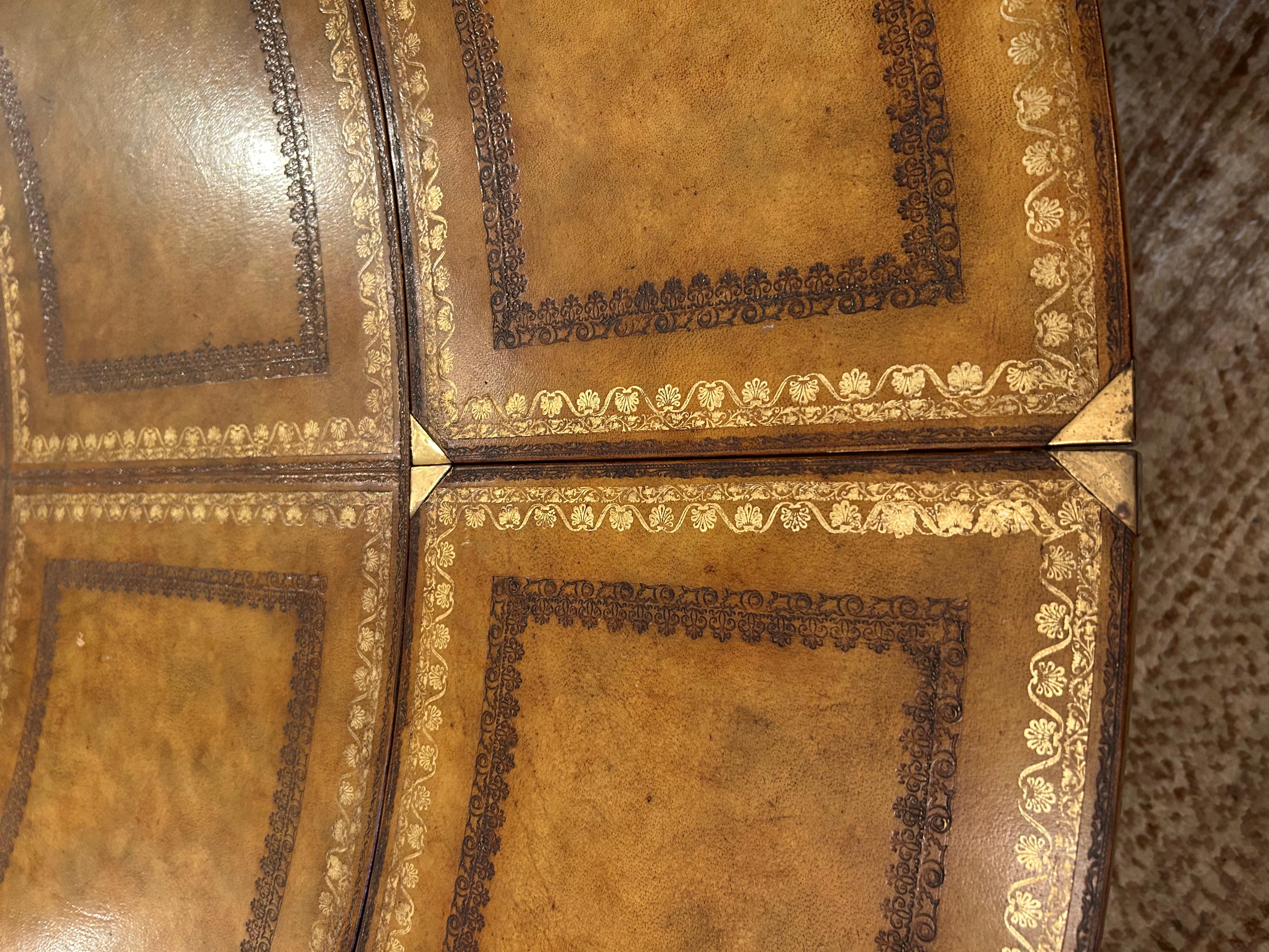 Maitland Smith Round Tooled Leather & Mahogany Extension Dining Center Table For Sale 2