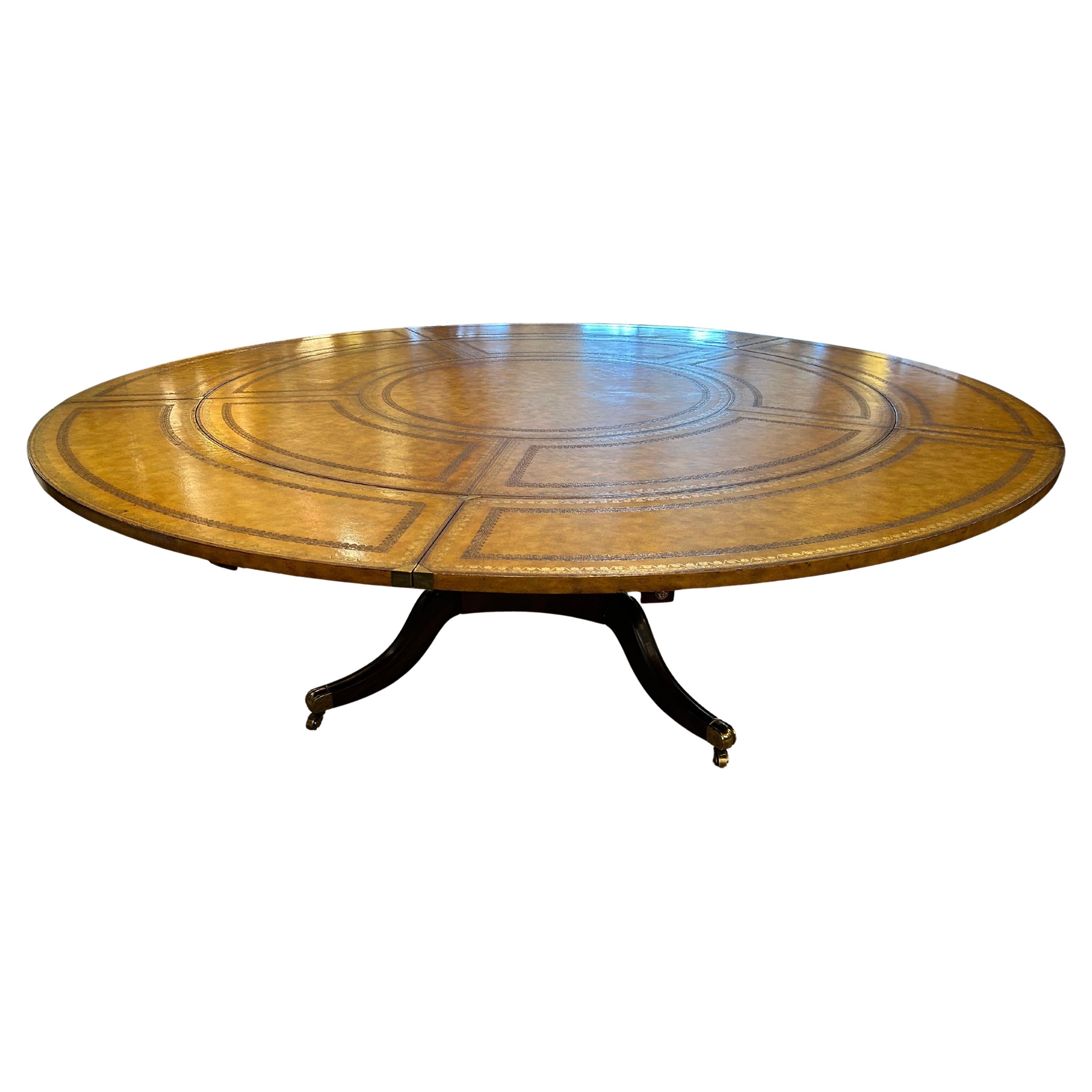 Maitland Smith Round Tooled Leather & Mahogany Extension Dining Center Table For Sale
