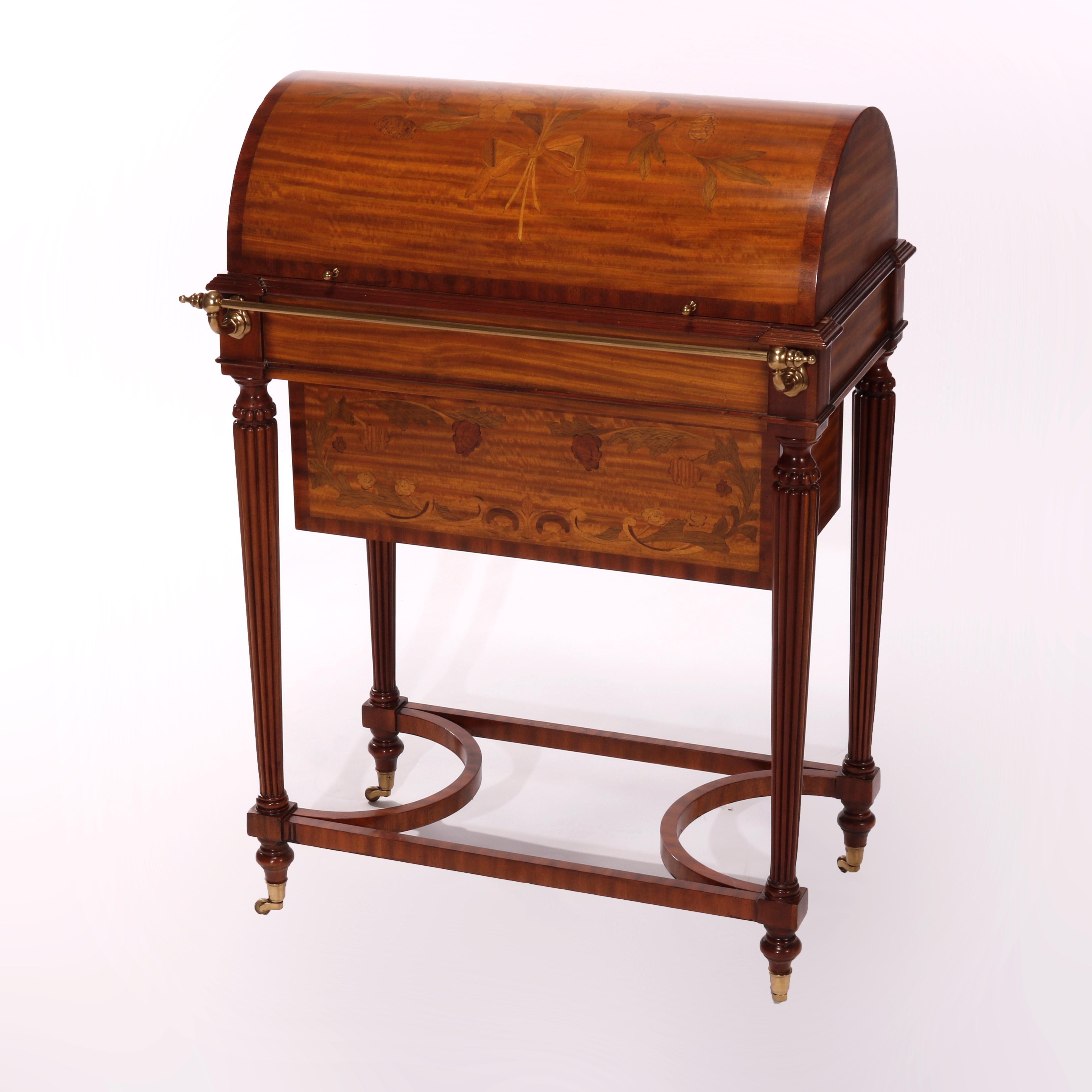A liquor cellarette by Maitland Smith offers satinwood construction with domed top having floral marquetry inlay and opening to storage interior and having brass linen rail, raised on tapered and reeded legs with shaped stretcher, maker label as