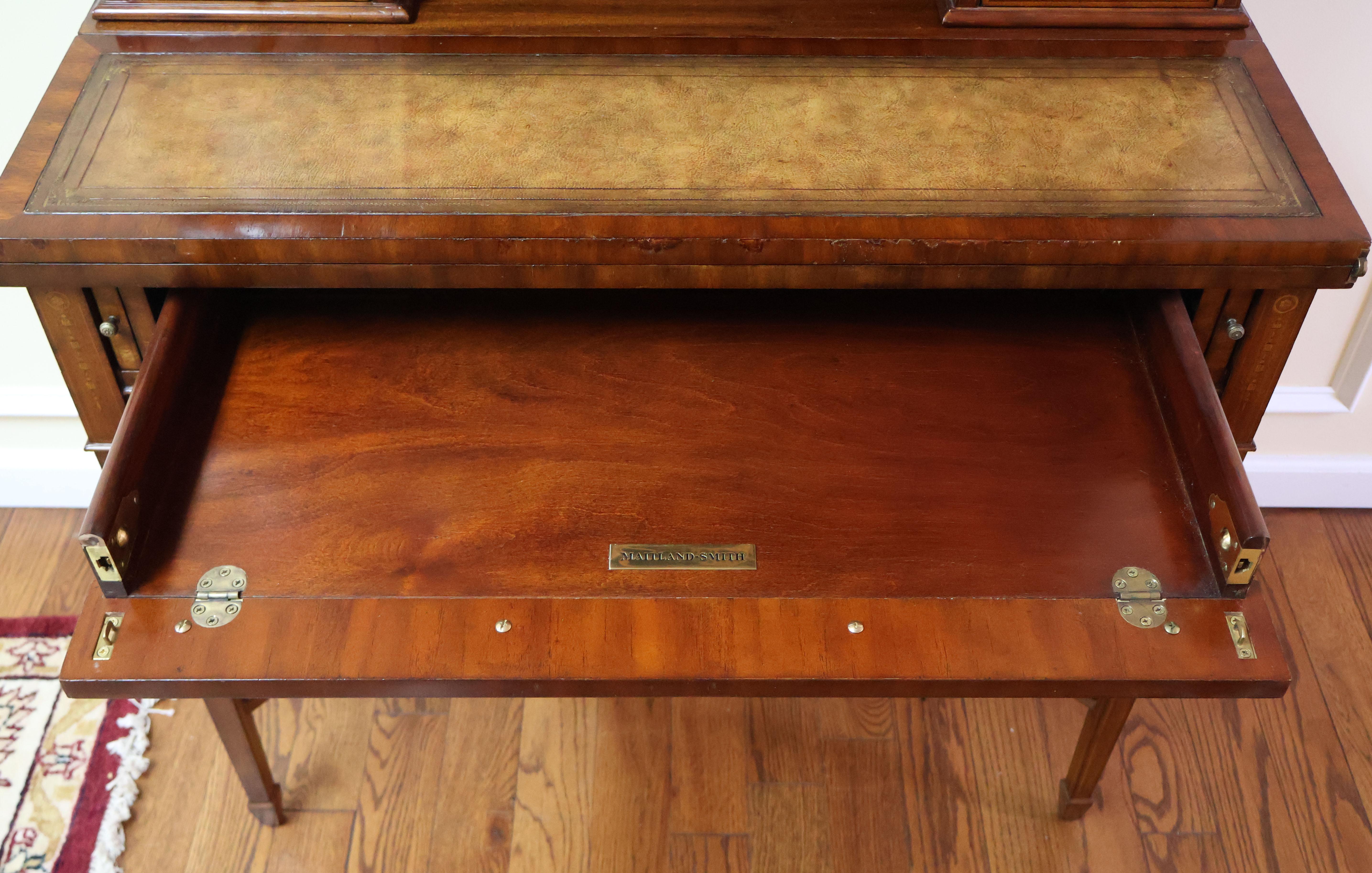 Maitland Smith Satinwood Inlaid Leather Writing Secretary Desk For Sale 5