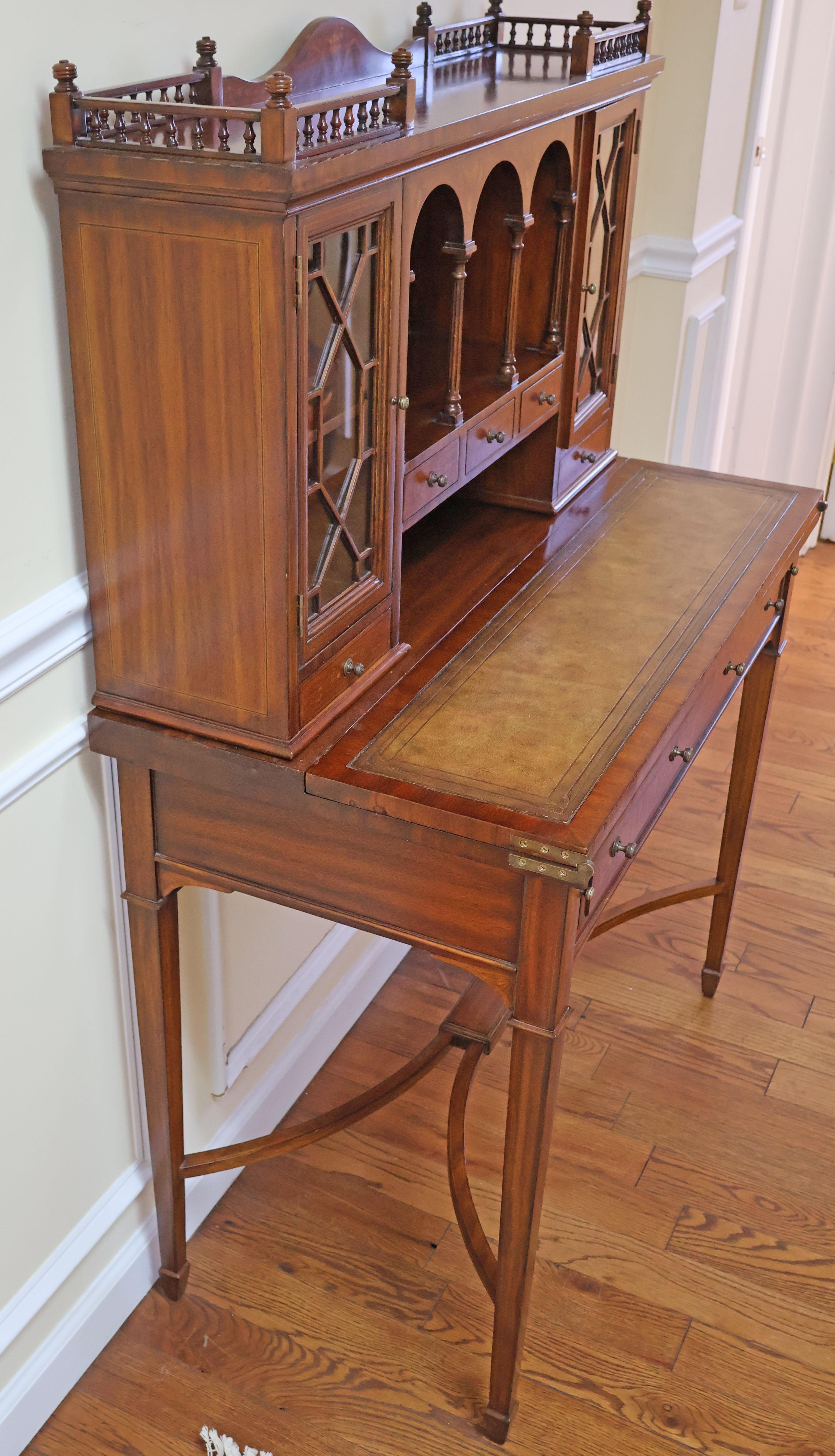 Maitland Smith Satinwood Inlaid Leather Writing Secretary Desk For Sale 7