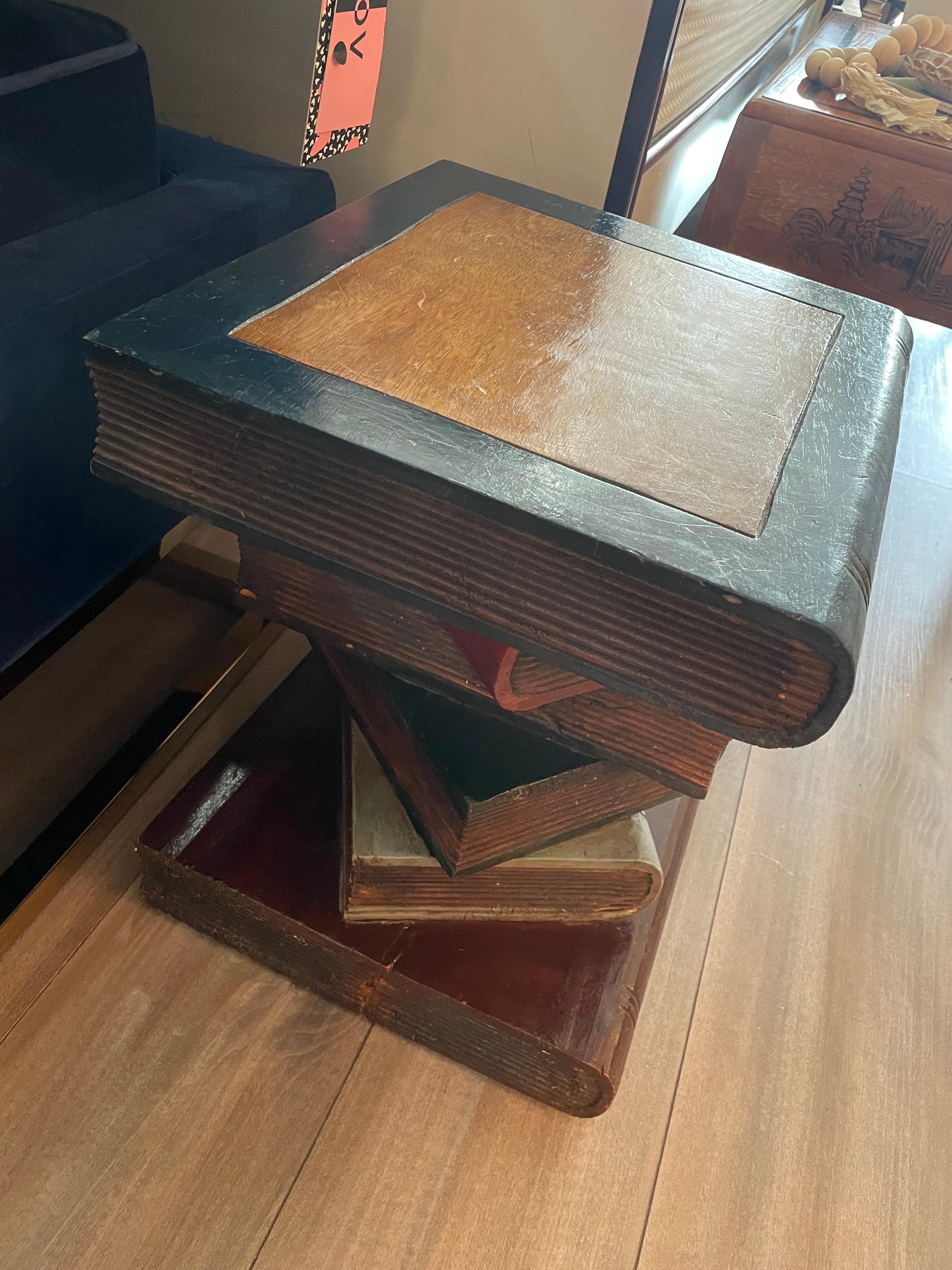 Maitland Smith Stacked side table, very unique to a library setting, the is a very sturdy item with were and tear due to its age from the mid 20th century. Wood and hand crafted.