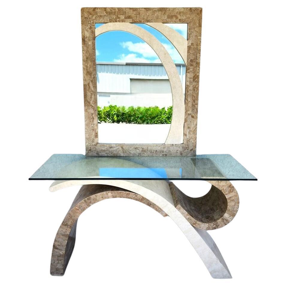 Maitland Smith Sculptural Console Table & Mirror Tessellated Stone Post Moder For Sale