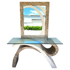 Vintage Maitland Smith Sculptural Console Table & Mirror Tessellated Stone Post Moder