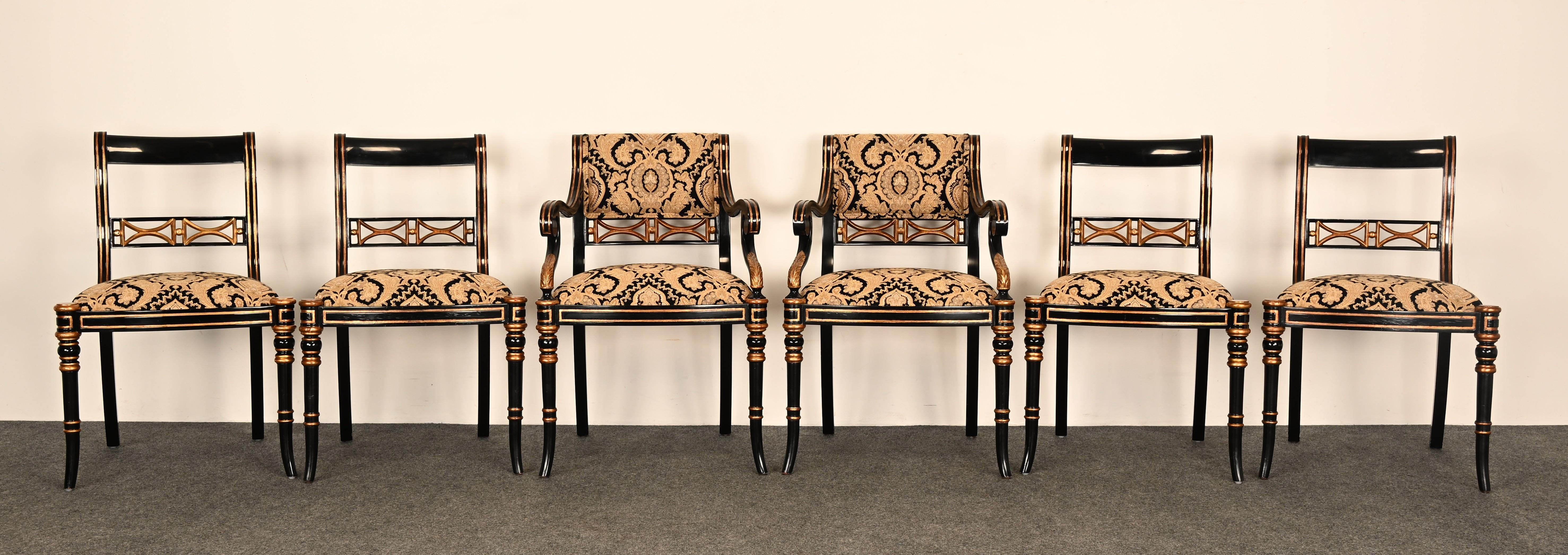 Laccato Set di sei sedie da pranzo Regency in lacca nera di Maitland Smith, anni '90 in vendita