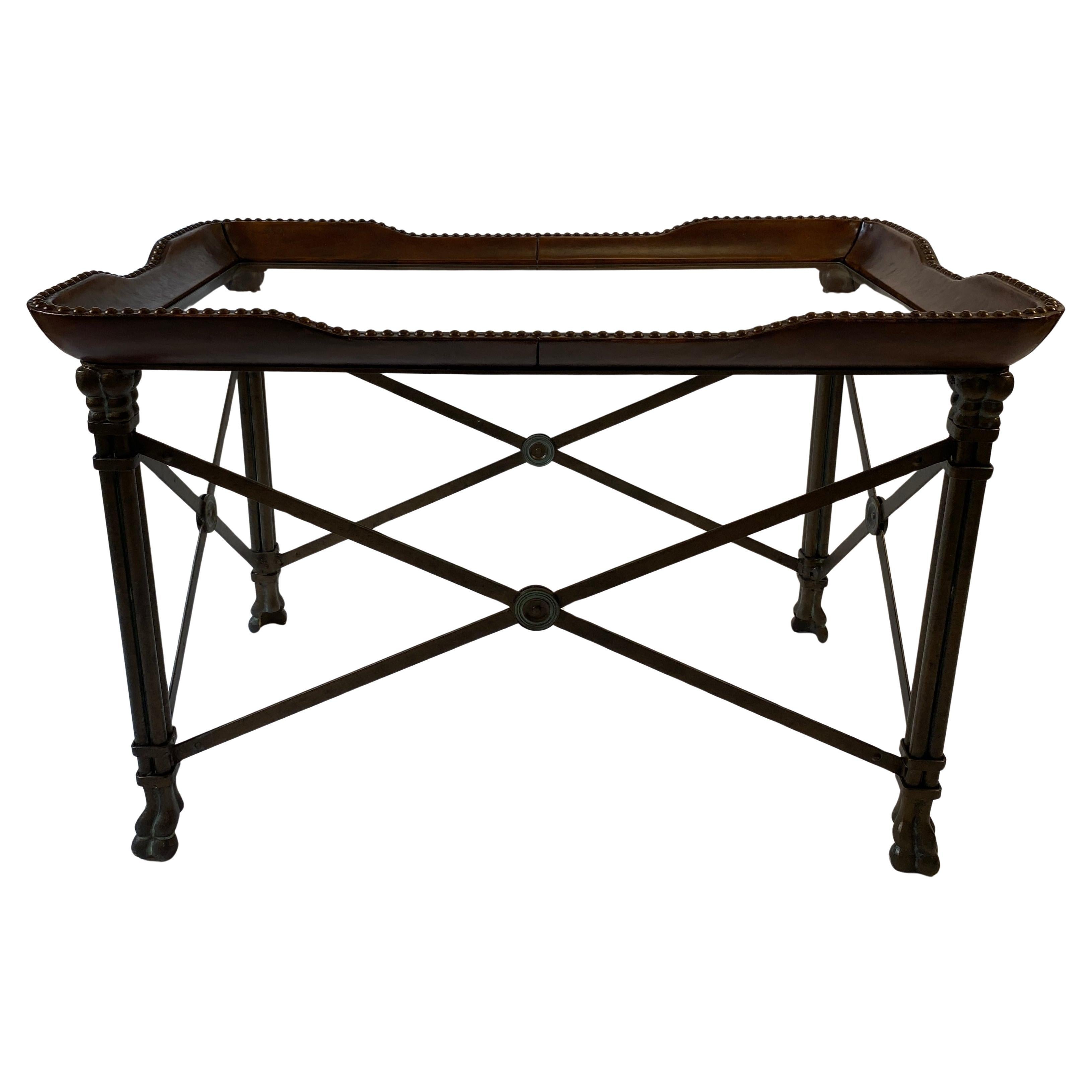 Maitland Smith Side Table, Leather Brass Nailhead Paw Feet Side Coffee End Table