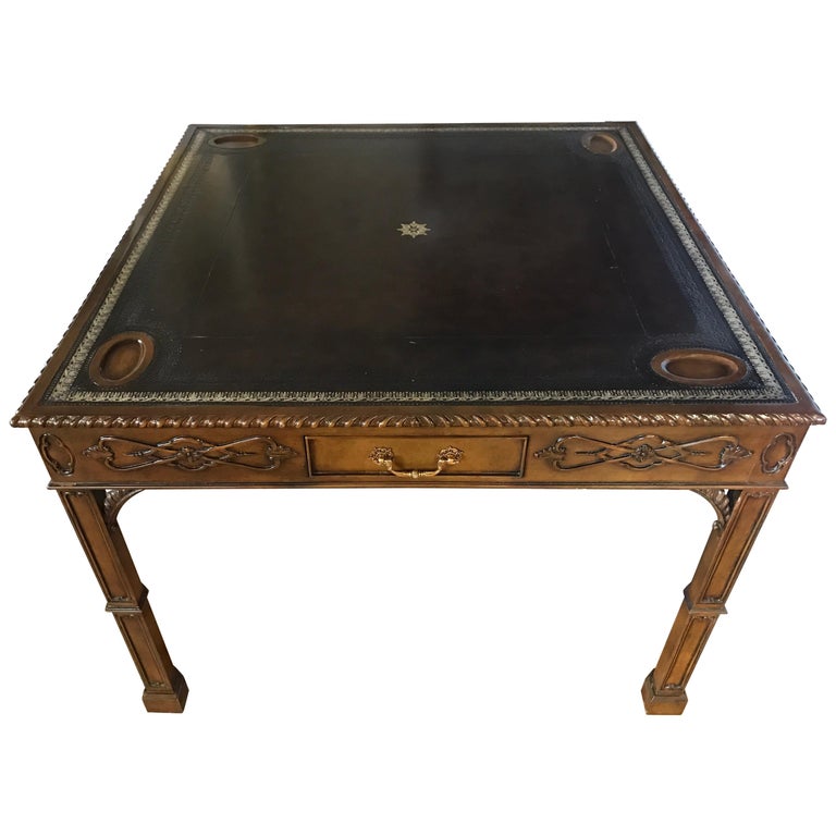 Maitland Smith Signed Carved Mahogany And Egyptian Leather Top Game Maitland Smith Signed Carved Mahogany And Egyptian Leather Top Game Table For
