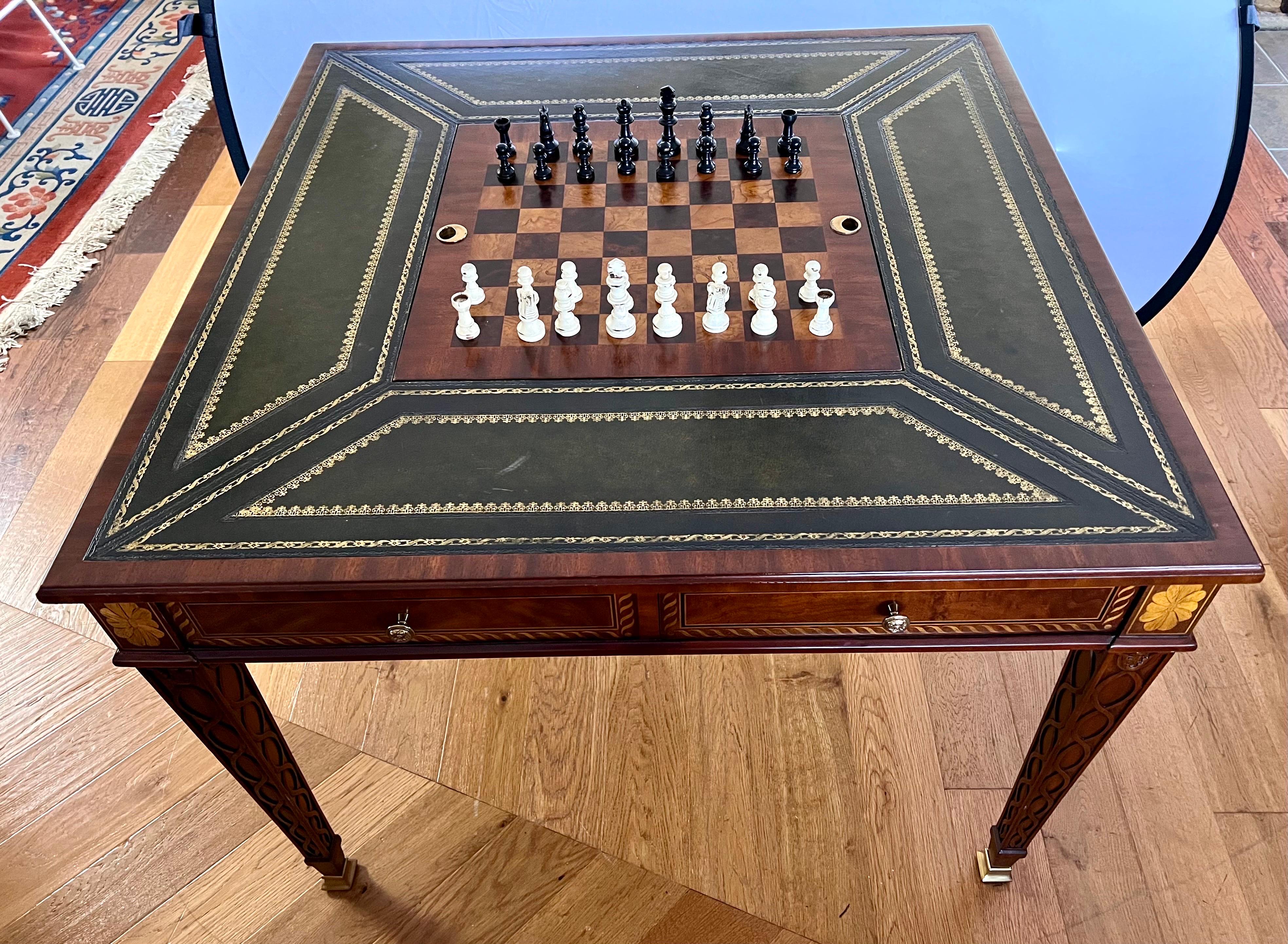 Philippine Maitland Smith Signed Carved Mahogany Inlay Leather Top Game Table