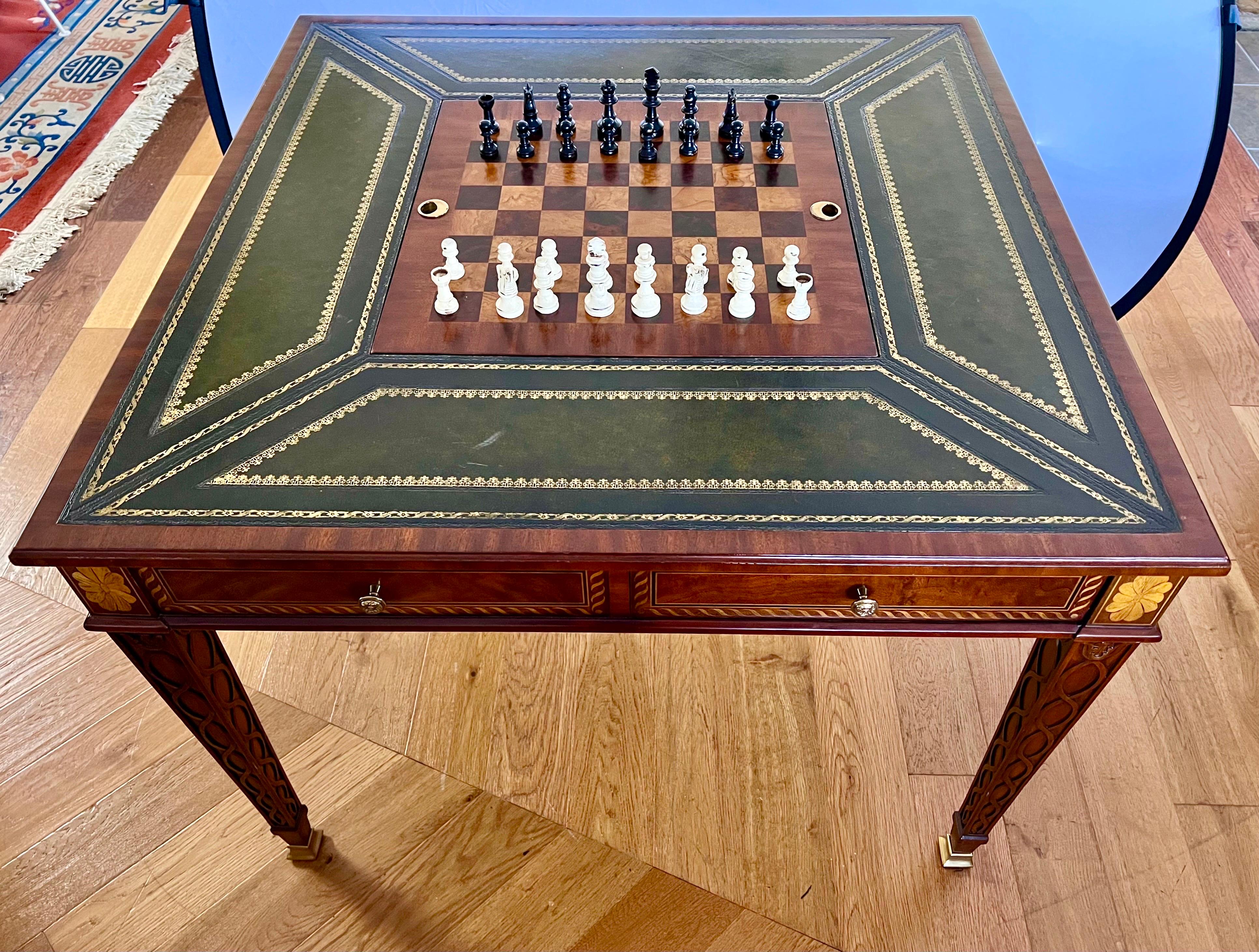 Maitland Smith Signed Carved Mahogany Inlay Leather Top Game Table In Good Condition In West Hartford, CT