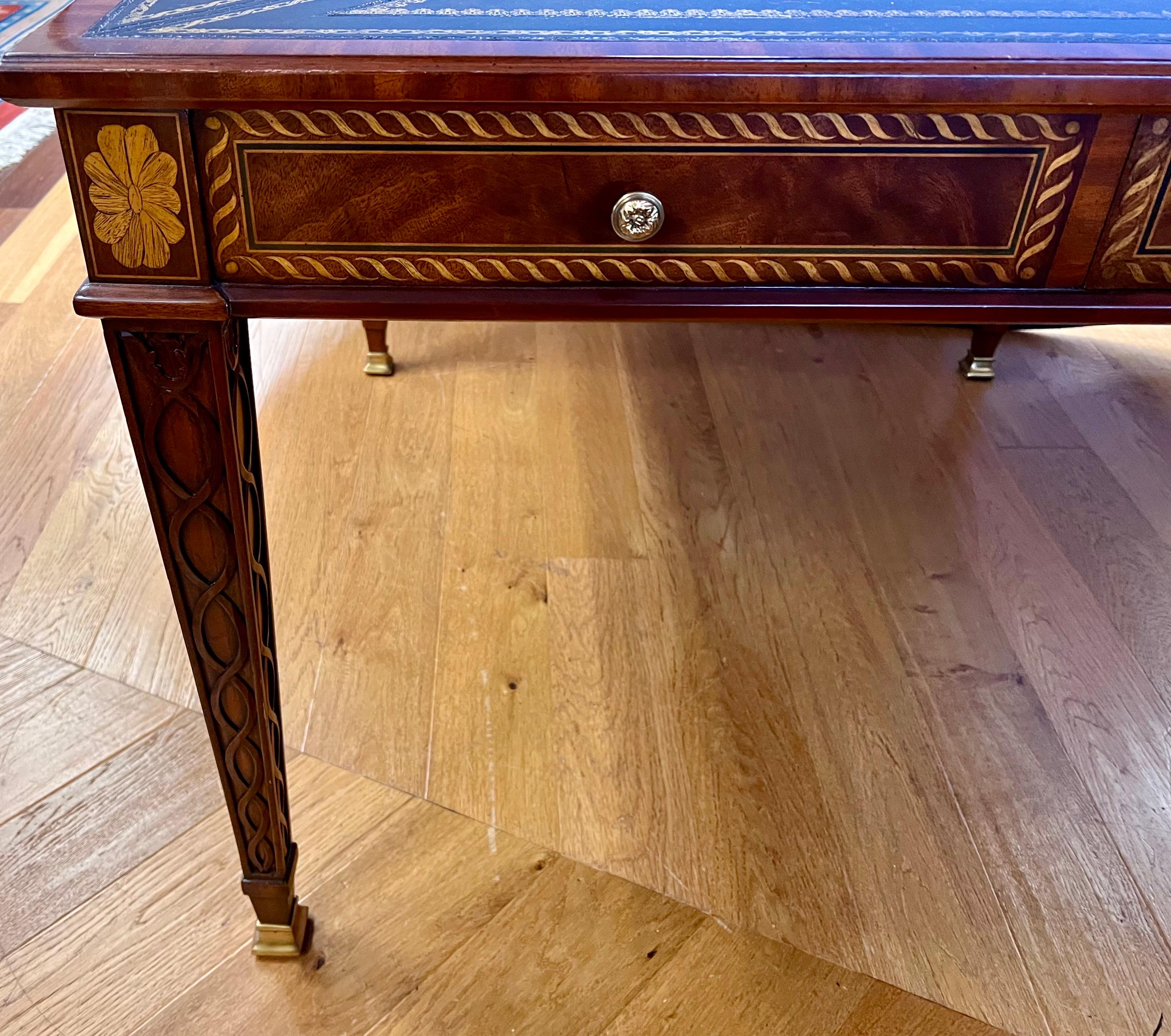 Maitland Smith Signed Carved Mahogany Inlay Leather Top Game Table 3